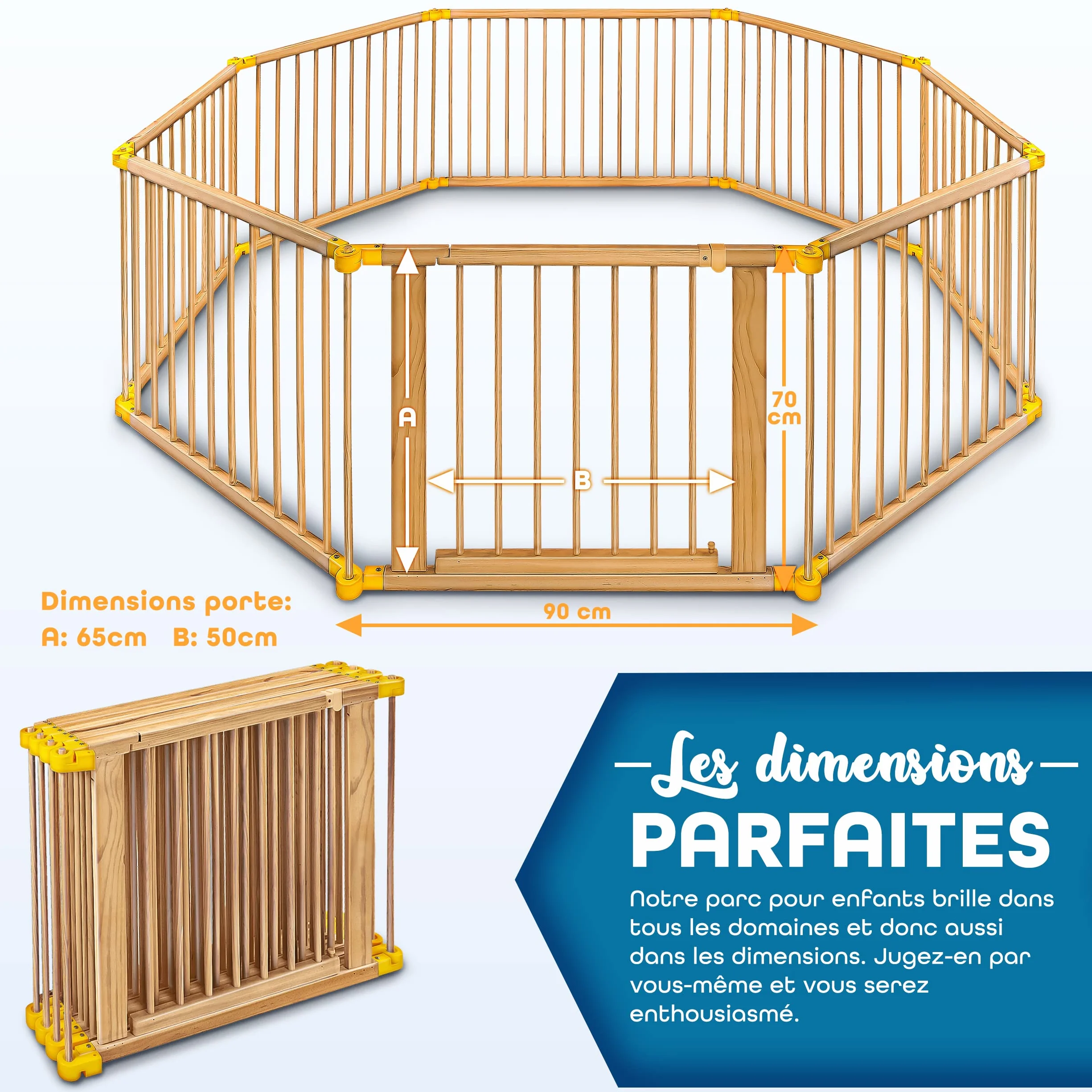 KIDUKU Barrière de sécurité Parc bébé XXL 7,2 mètres pliant 8 pièces Jaune