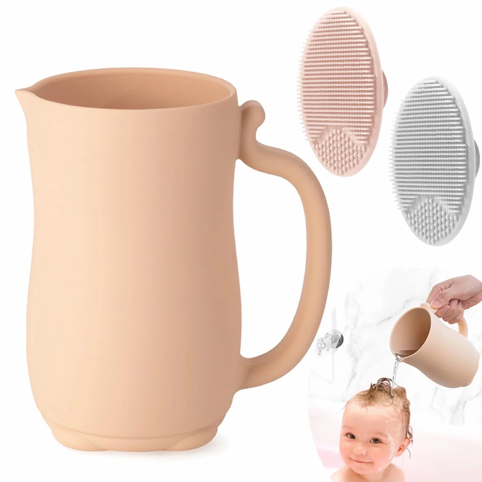 PandaEar Tasse de Rinçage Bébé Silicone Rinçeur Shampoing 2 Brosses Croûtes Lait Rose