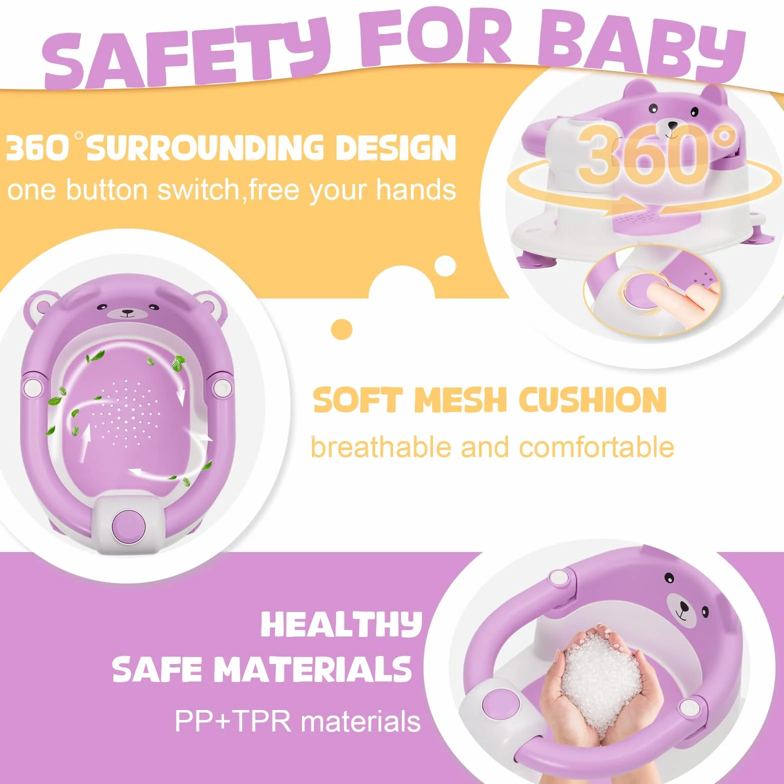 Chaise de Bain pour Bébé 6-24 Mois, Siège de Bain avec Ventouses, Antidérapant Violet