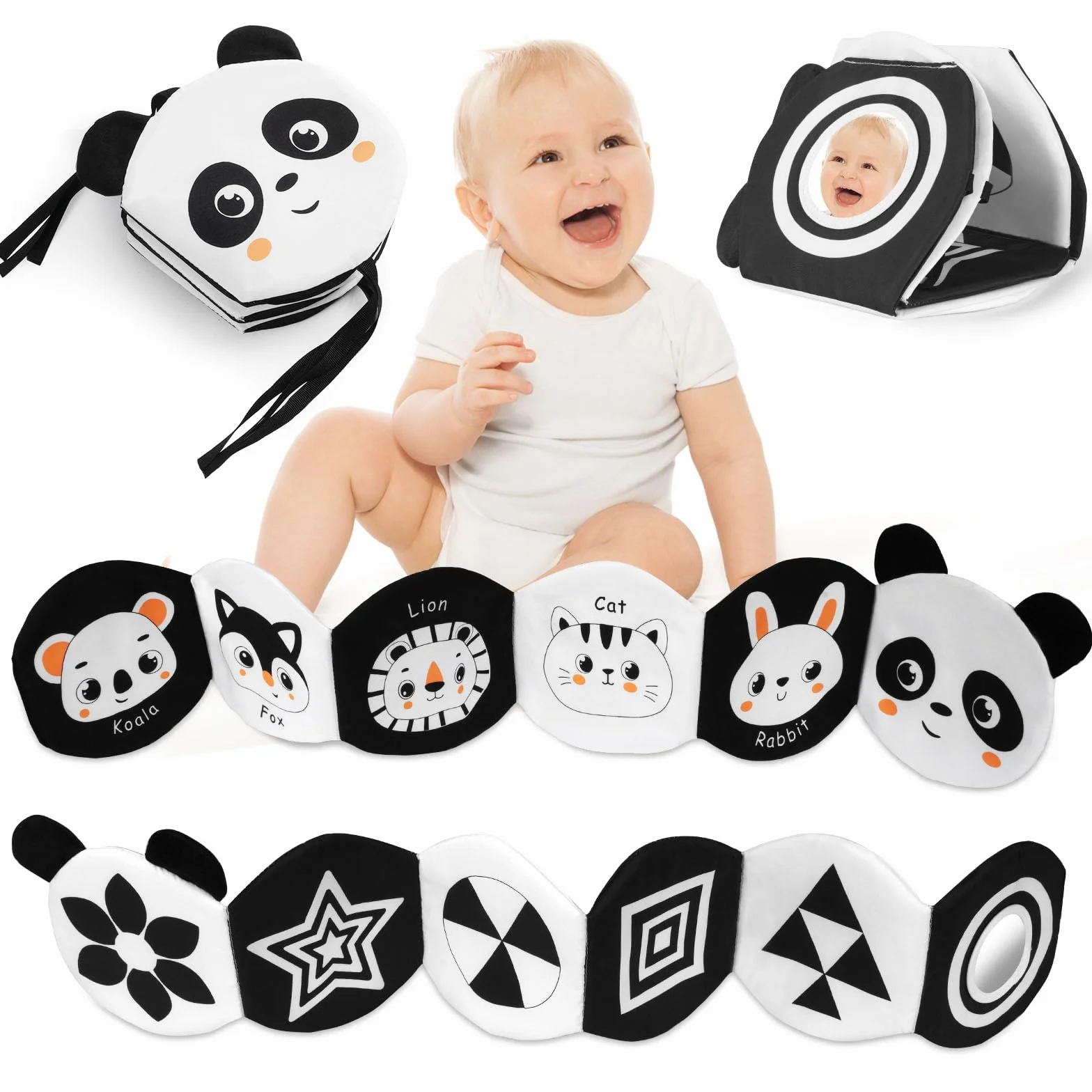 HOTUT Livre Tissu Bébé Eveil, Livre Doux Froissé 3D Noir et Blanc Montessori, Sensoriel 6-12 Mois, Cadeau Naissance Garçon Fille Double Face