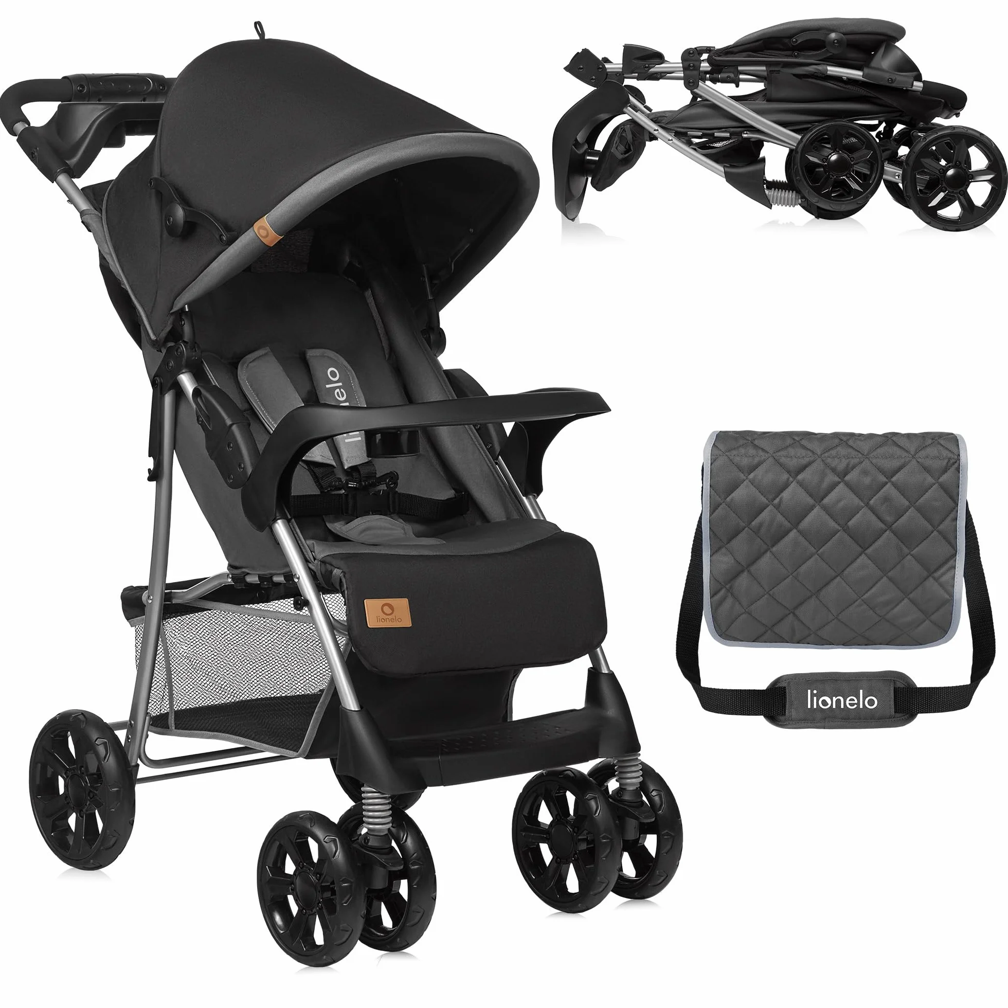 LIONELO Emma Plus poussette bébé 15 kg harnais 5 points pliage rapide amortisseurs sac inclus matelas STONE