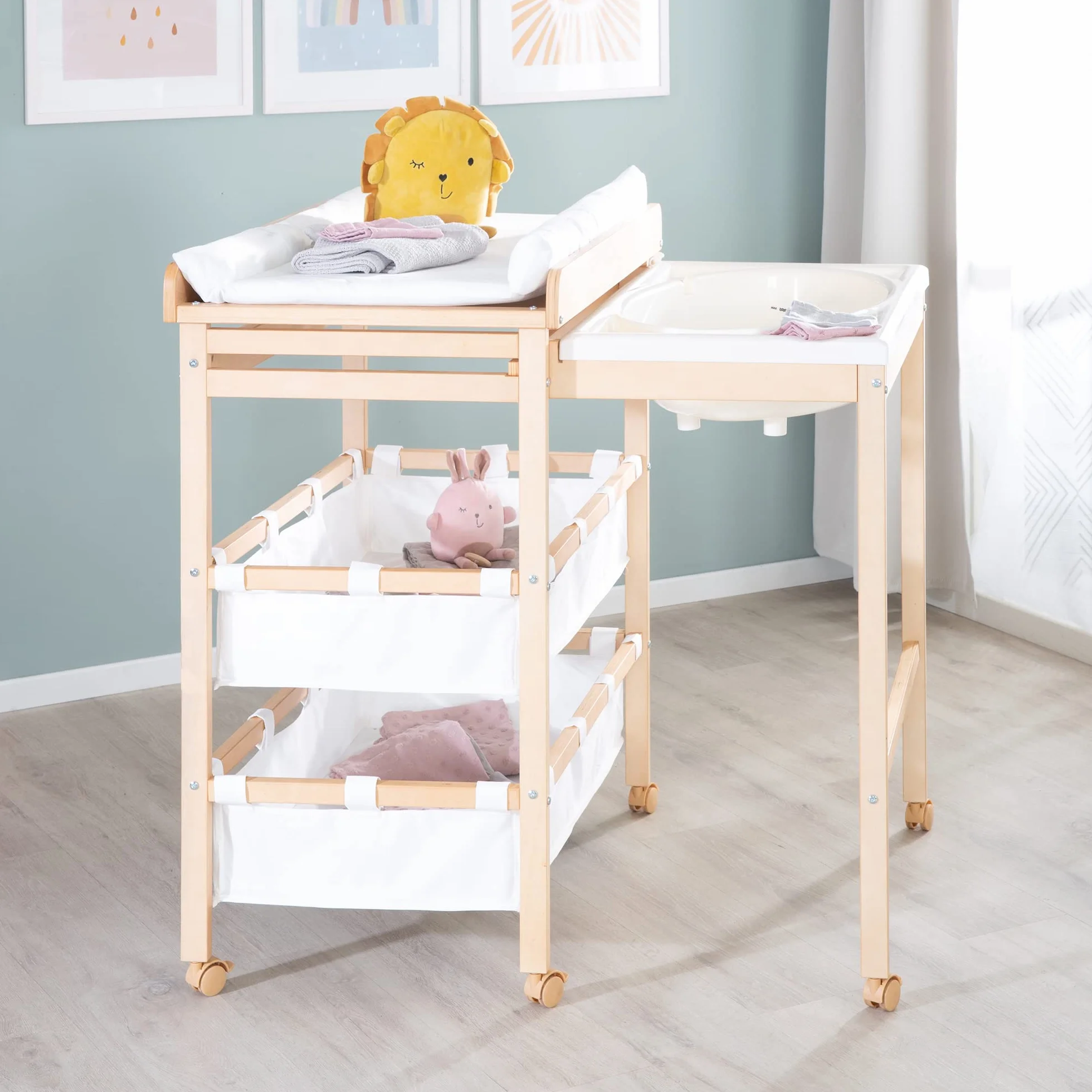 Table à Langer avec Baignoire Coulissante Baby Pool 2EN1 Matelas Imperméable Blanc 2 Compartiments Rangement Bois Naturel