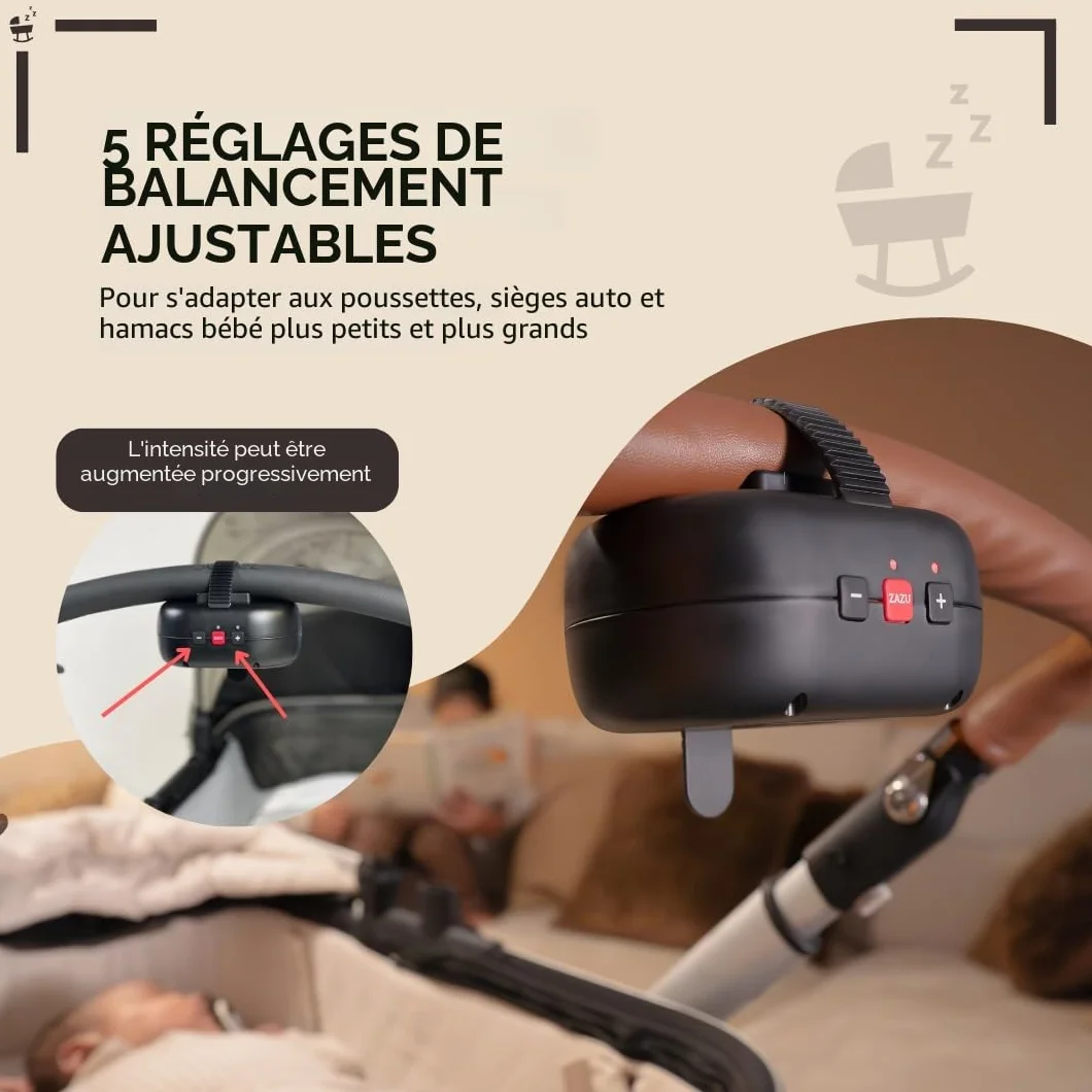 ZAZU Robby balançoire automatique bébé réglable minuterie 40 min capteur cri rechargeable USB-C étanche universel poussette buggy