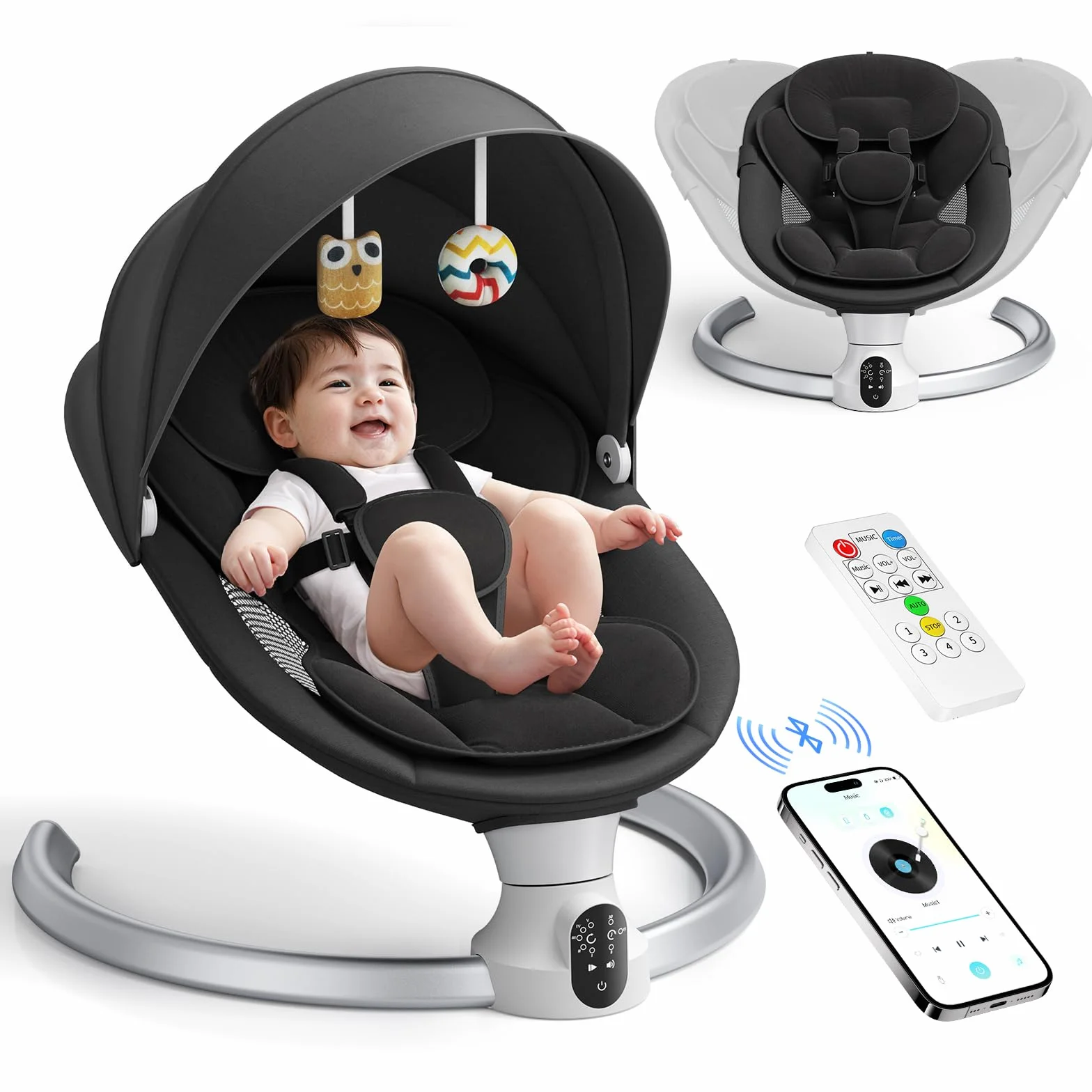 Transat Bébé Électrique avec APP & Télécommande, Balancelle Bébé 5 Vitesses, 10 Musiques, Bluetooth Noir