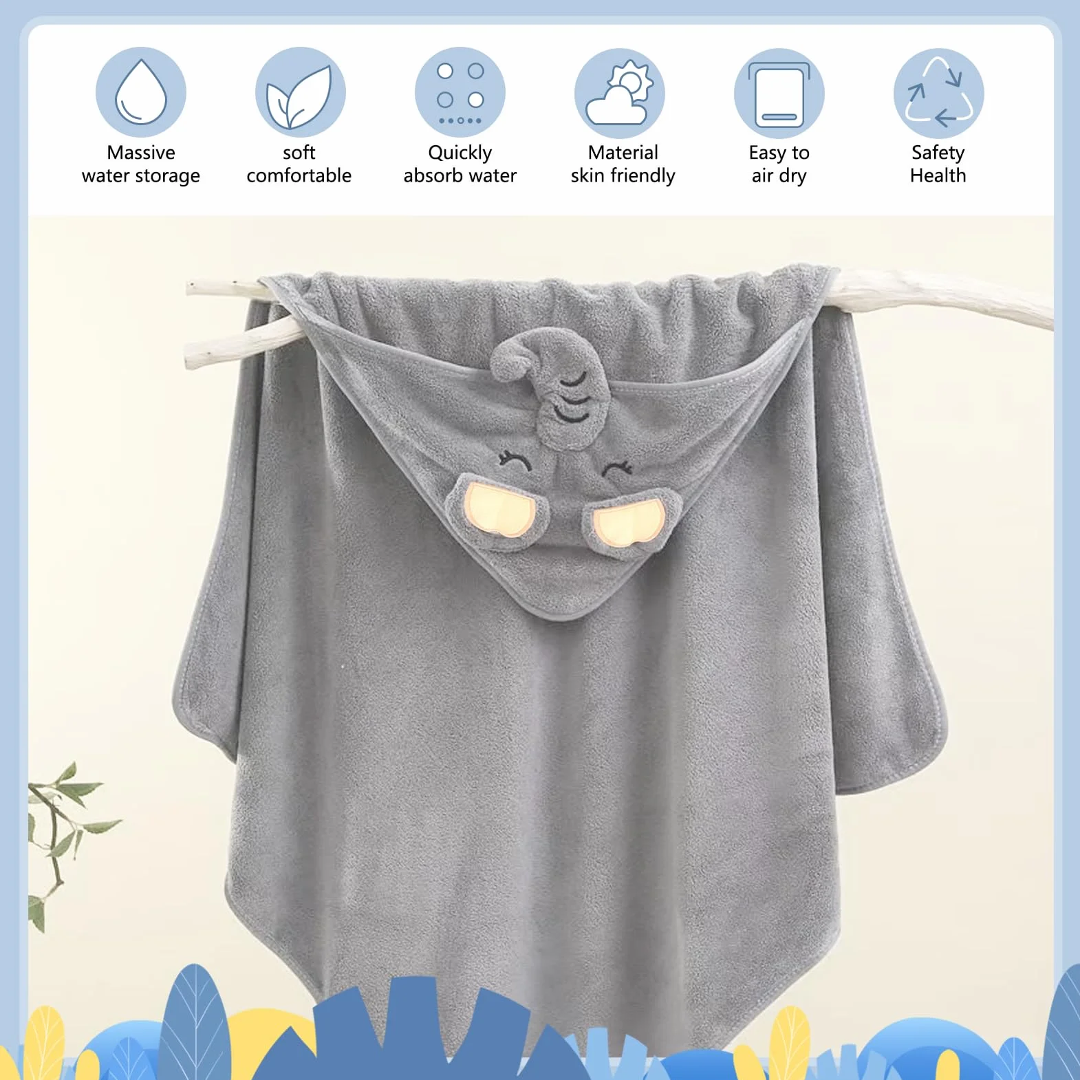 Serviette de Bain Bébé avec Capuche 80 x 80 cm Design Éléphant Gris