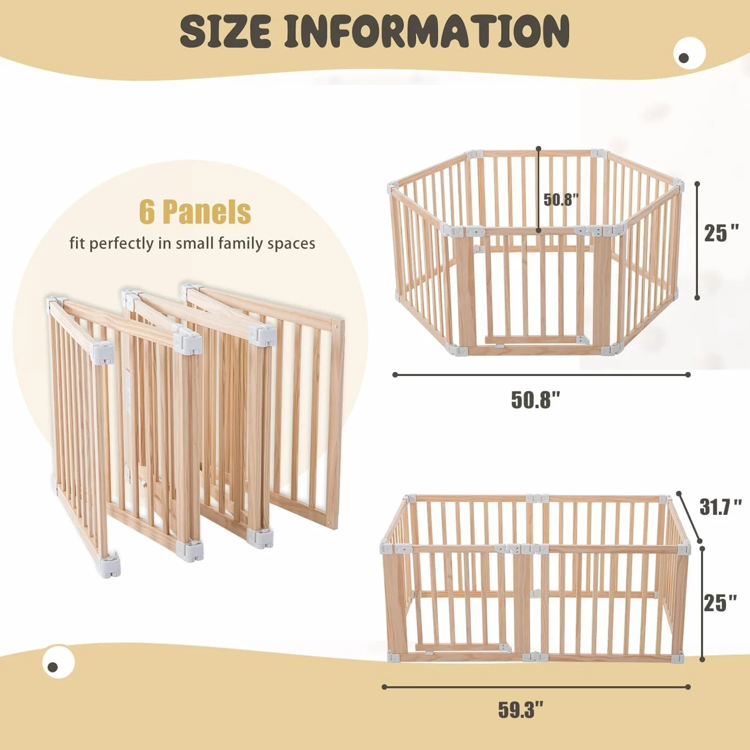 Parc bébé pliable en bois naturel 152x76 cm avec porte sécurisée et ventouses antidérapantes