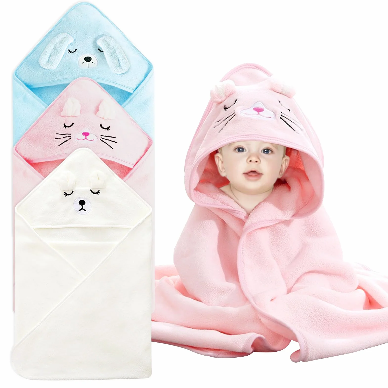Serviette de Bain Capuche Bébé 80x80 cm Douce Absorption Rose Blanc Bleu