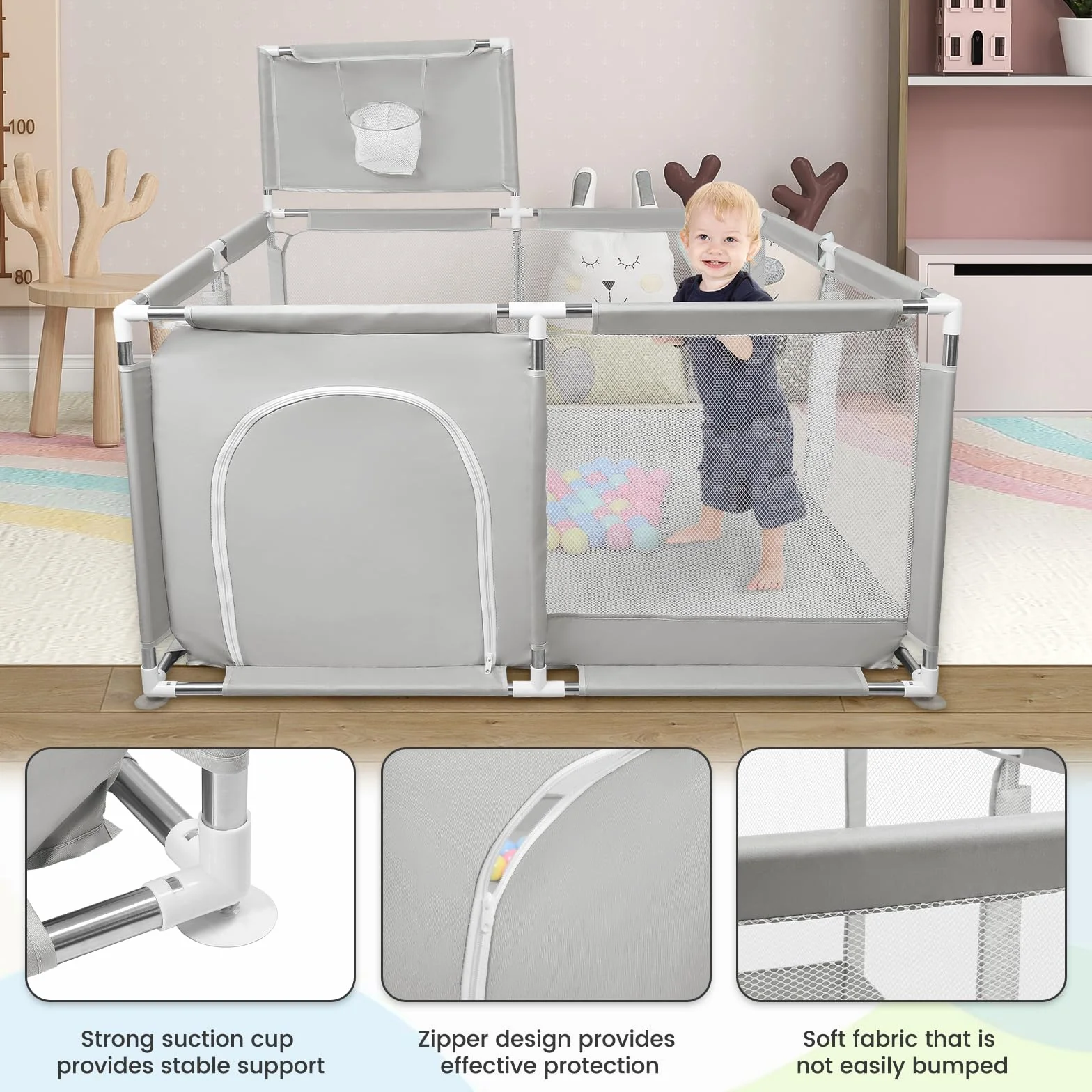 Parc Bébé en Tissu Oxford avec Tapis et Barrières 126x126x66 cm Gris Clair