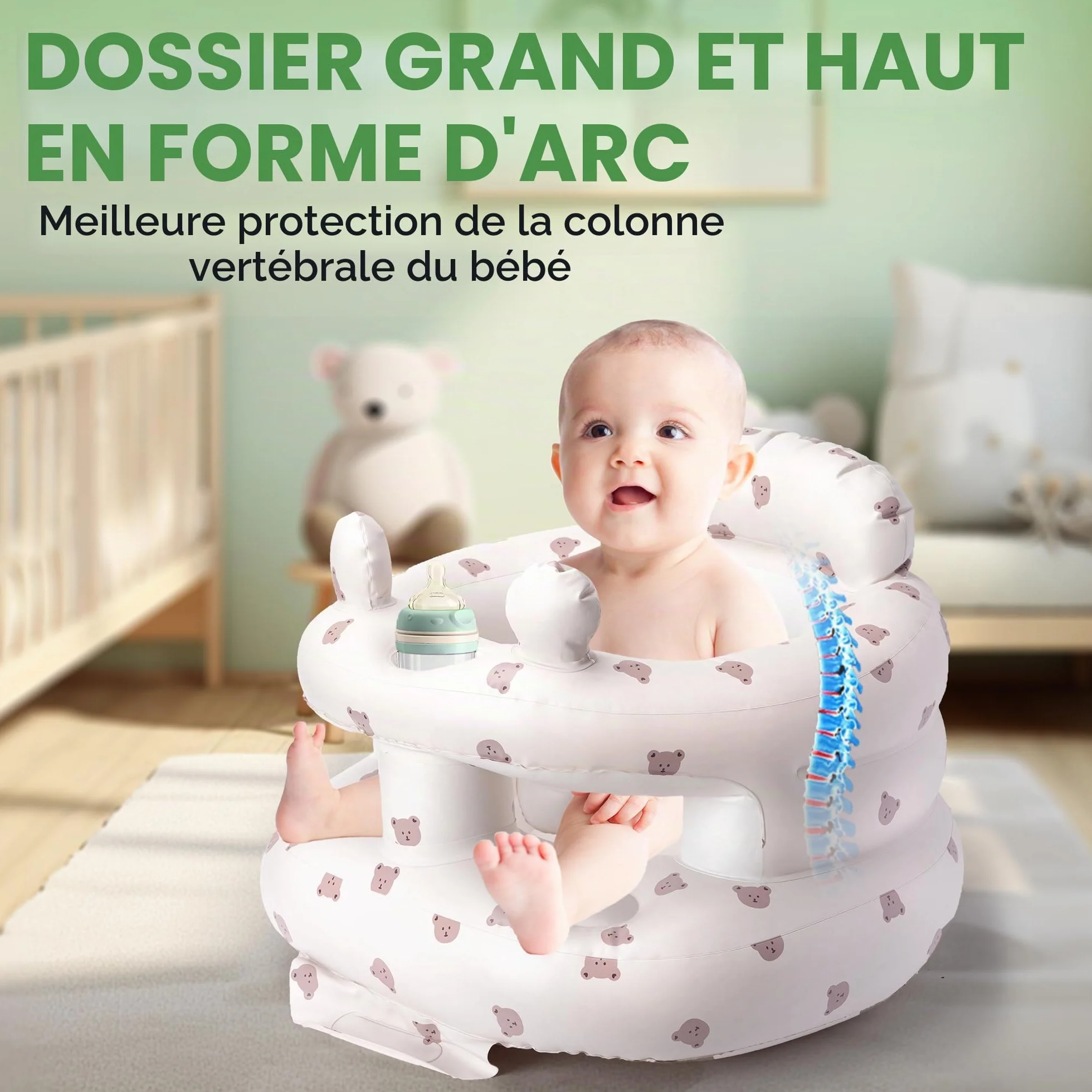 Siège bébé gonflable Zolirao avec pompe à air intégrée, portable 3-36 mois, soutien dos et nuque, sans BPA, motif ours