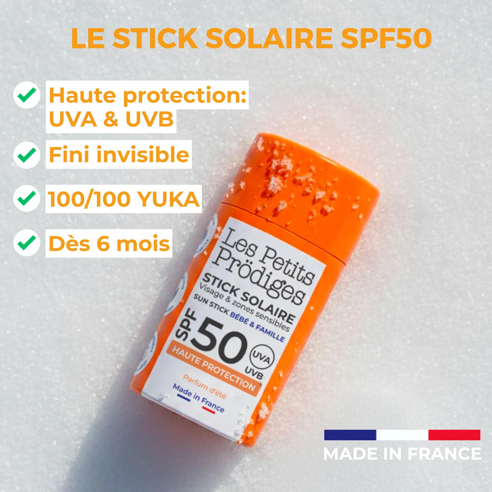LES PETITS PRODIGES Stick Solaire Visage SPF 50 Ski Très Haute Protection UVA UVB Hydratant Apaisant Tube carton recyclable Éco-conçu Vegan Fabriqué France 15g