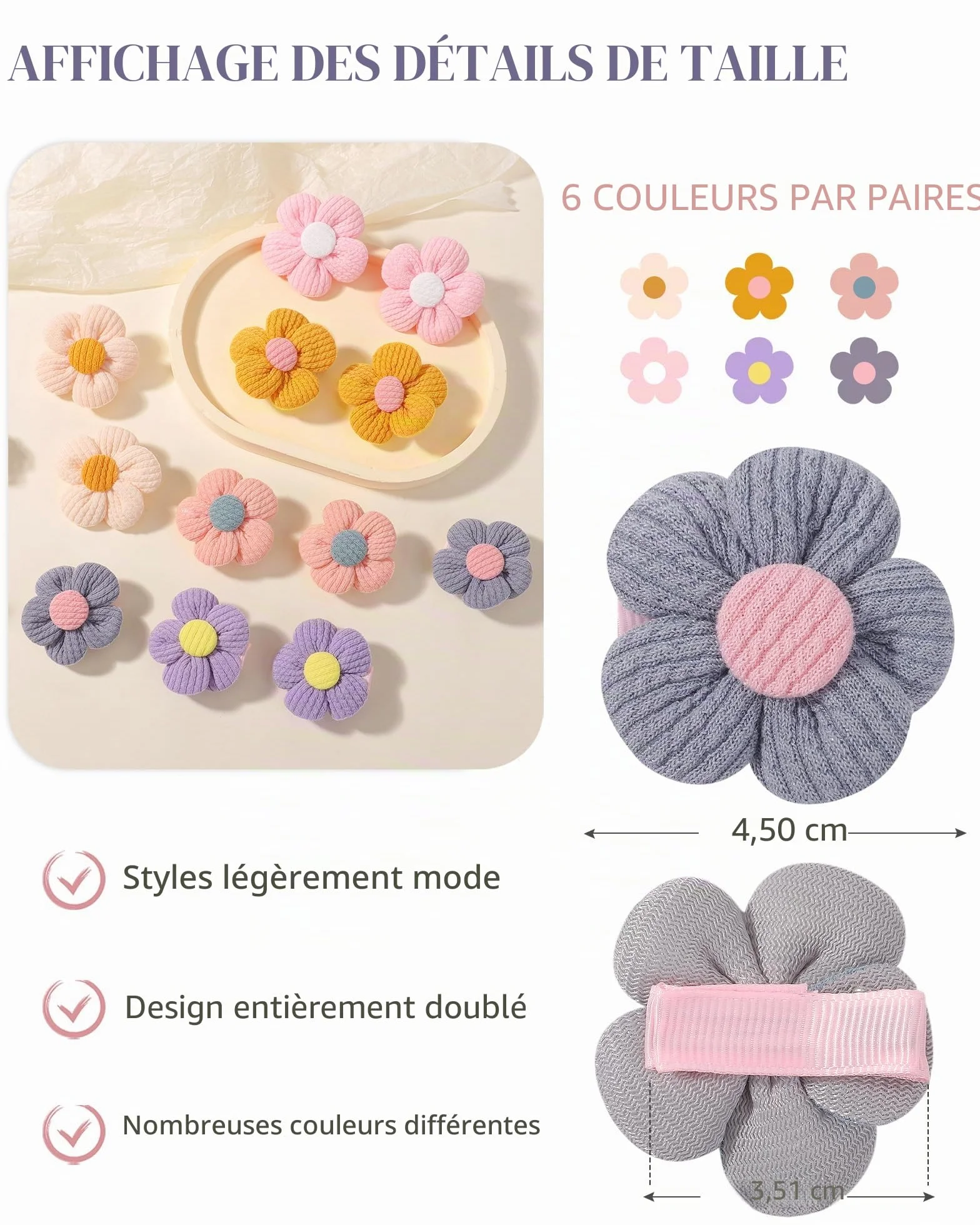 Pinces à cheveux bébé lot 12 - 4,5 cm antidérapantes épaisses accessoires floraux nourrissons tout-petits