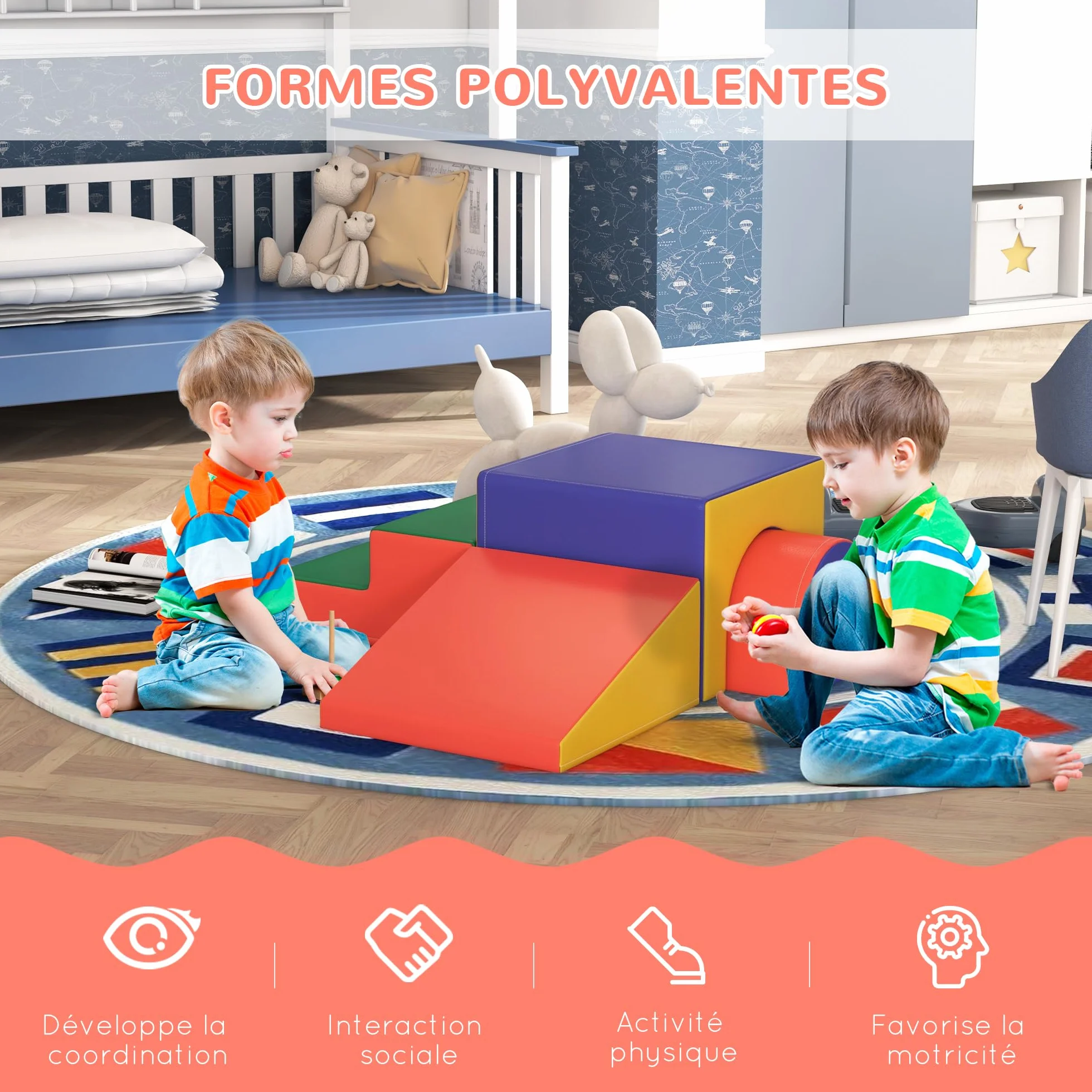 HOMCOM Parcours motricité bébé 4PCS, Module motricité bébé en Mousse EPE avec Housse revêtement synthétique, Blocs Mousse Construction, Jouets éducatifs Enfants préscolaire, Multicolore
