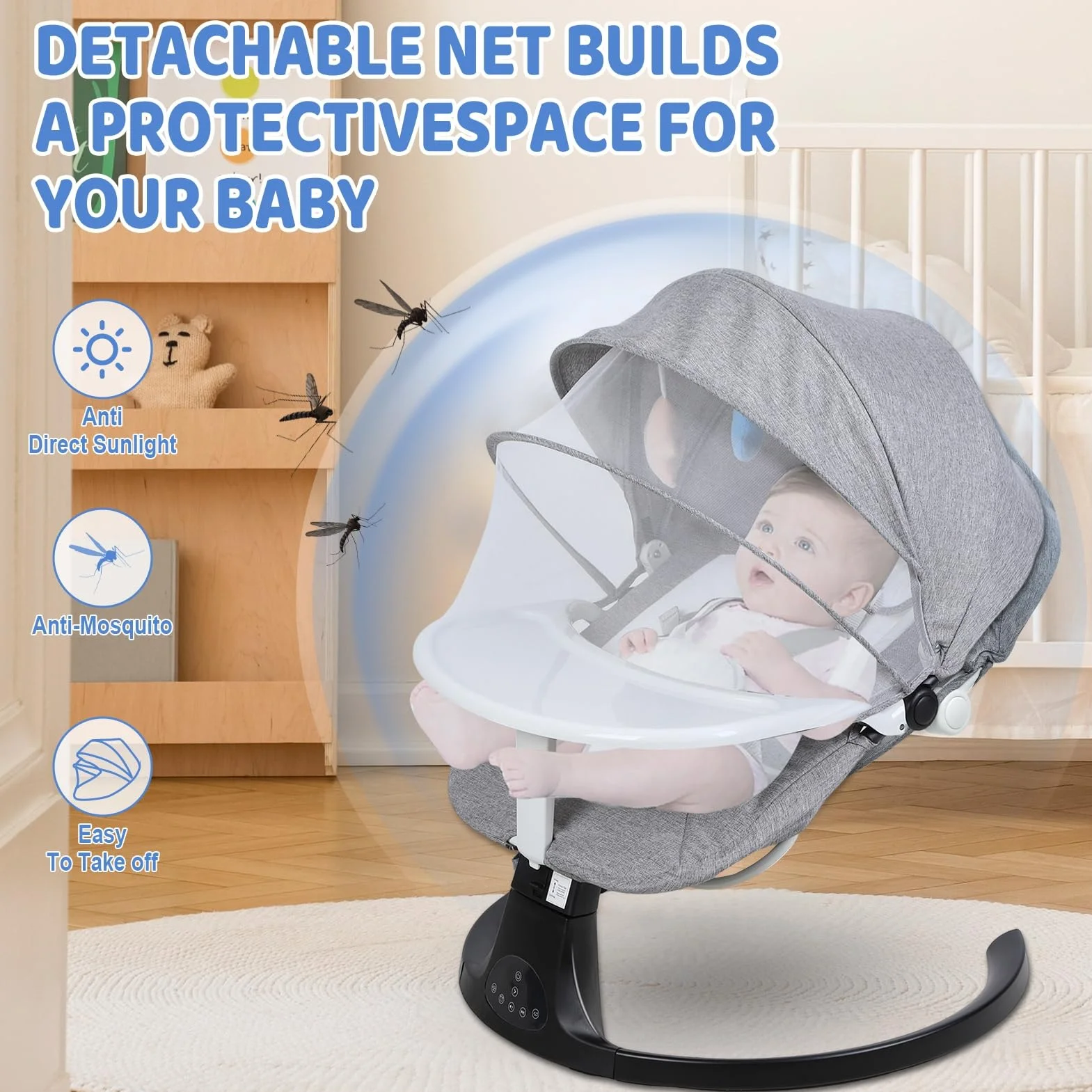 Transat Bébé Évolutif Balancelle Électrique Bluetooth Télécommande Harnais 5 Points Mouvement Up-Down Pare-Soleil 0-24