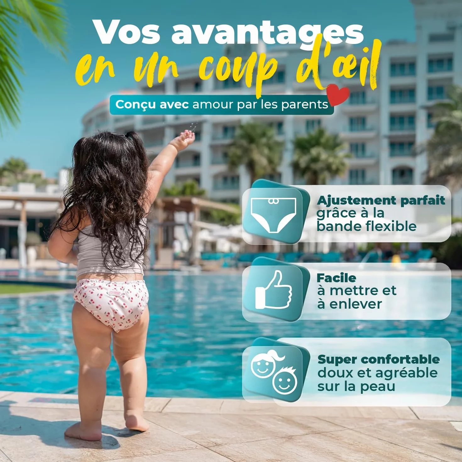 KIDVERSE Couches de bain réutilisables pour bébés 1-2 ans avec sac de transport