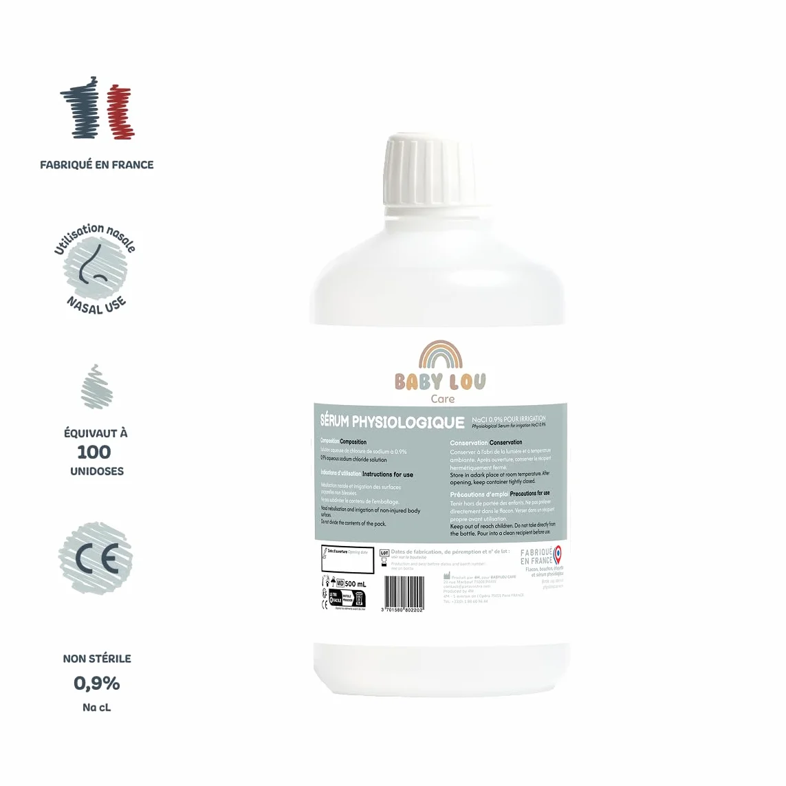 Sérum Physiologique 4x500 ml NaCl 0,9% Lavage des fosses nasales Hygiène du nez France
