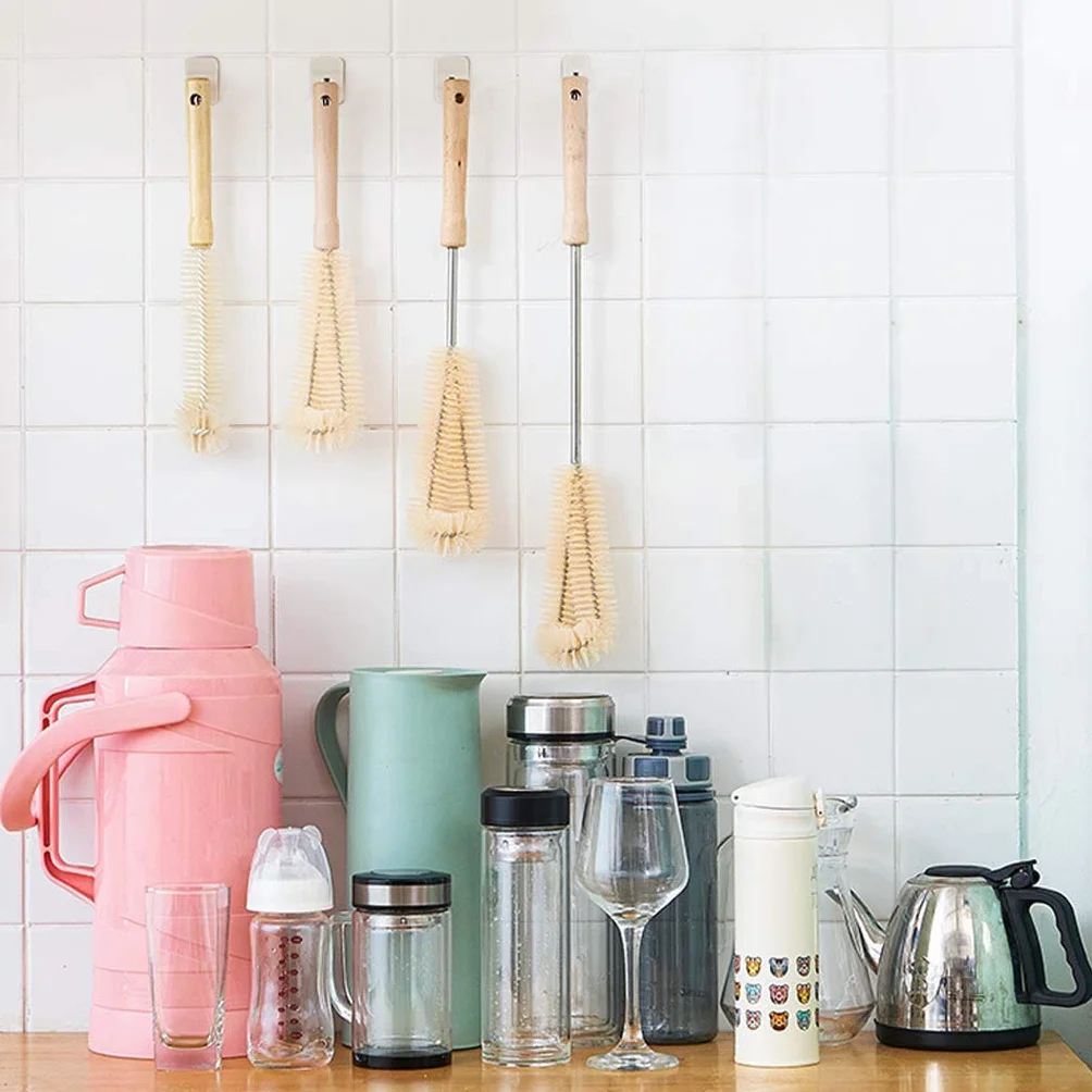 Brosse à biberon en forme de L, Brosse de nettoyage cuisine avec poignée en bois, Tasse café thé verre