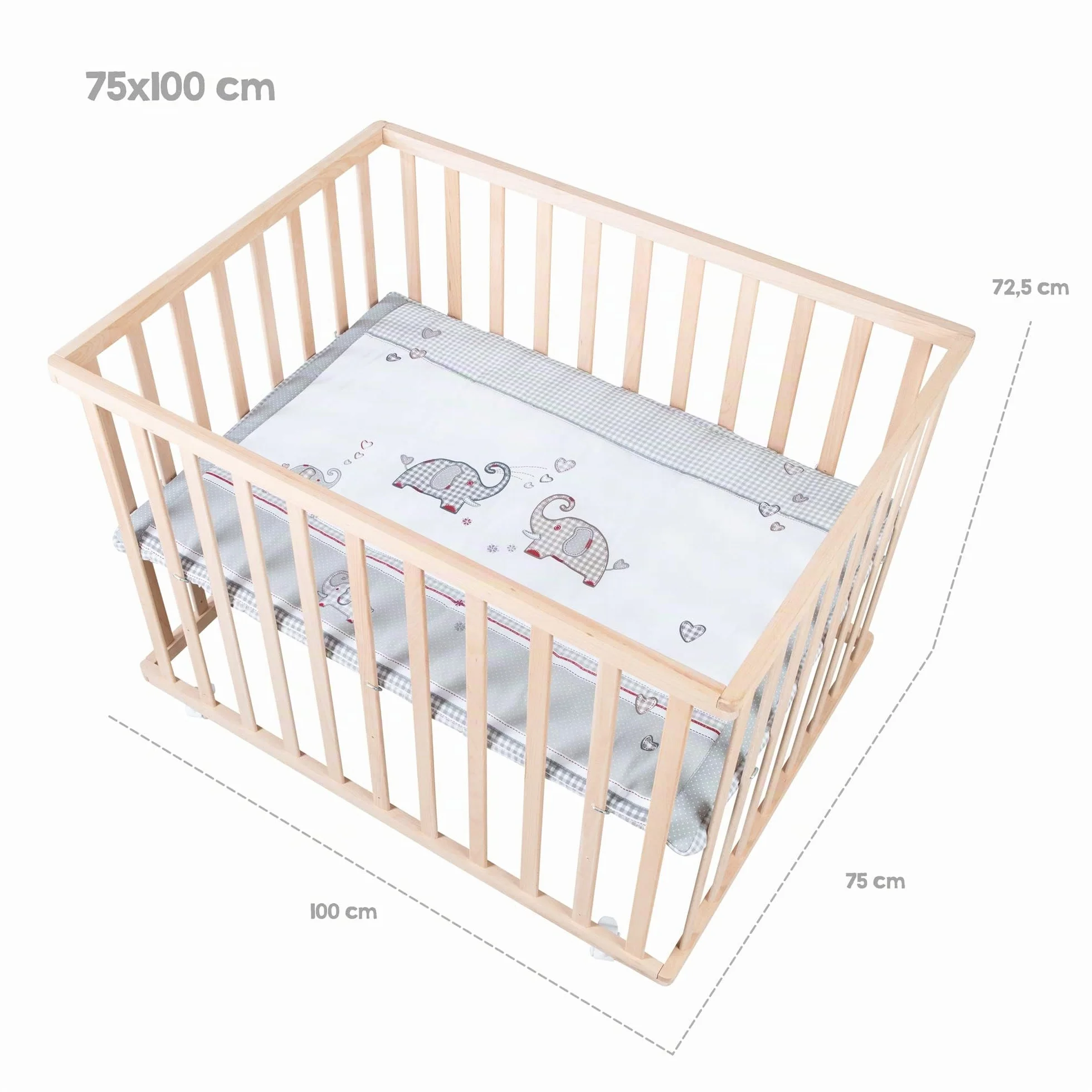 Parc Bébé Rectangulaire en Bois 75x100 Jumbotwins avec Tapis et Roues Freinables Blanc