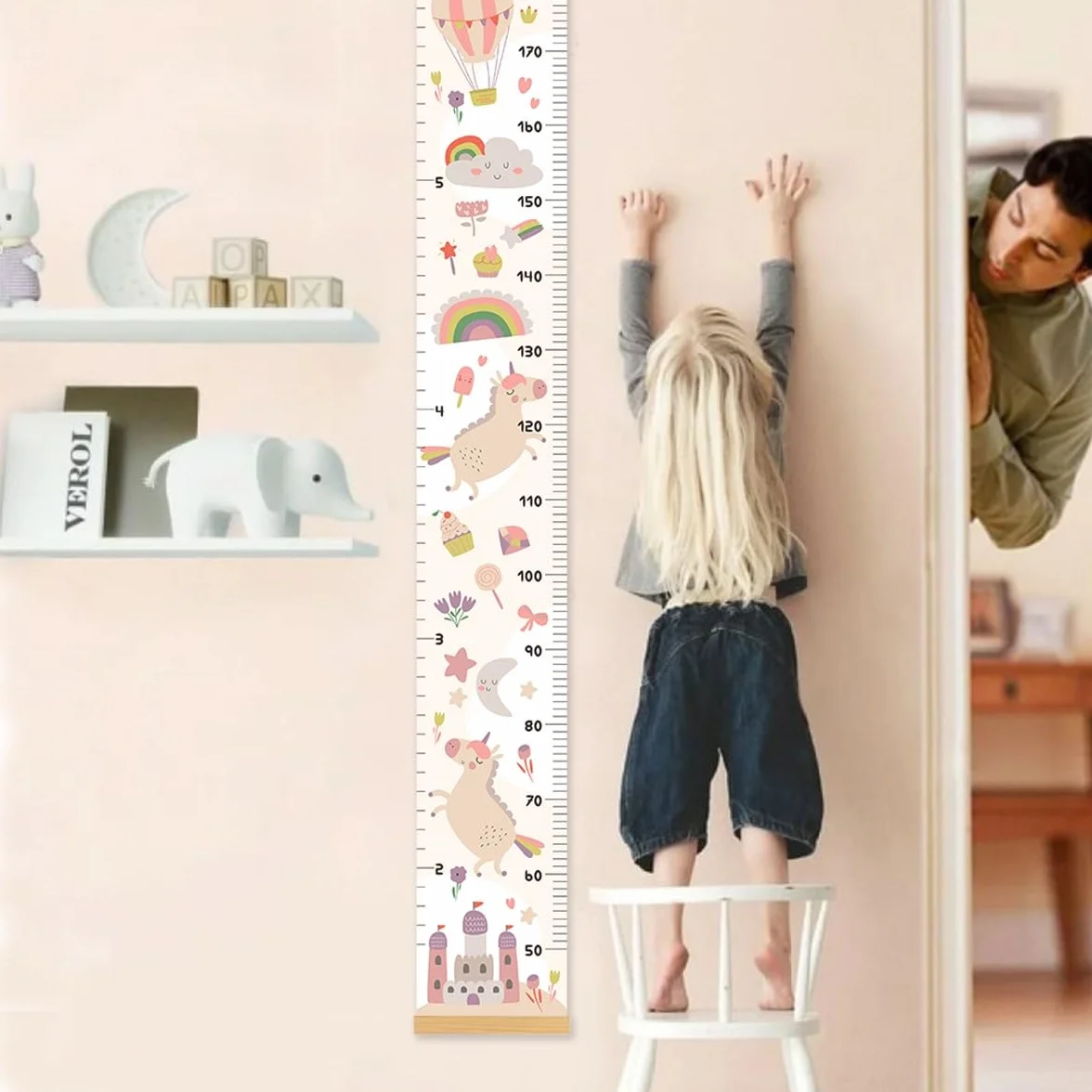 Toise Murale Enfants Mesure Croissance Bébé 160cm x 20cm Château Licorne Beige Clair