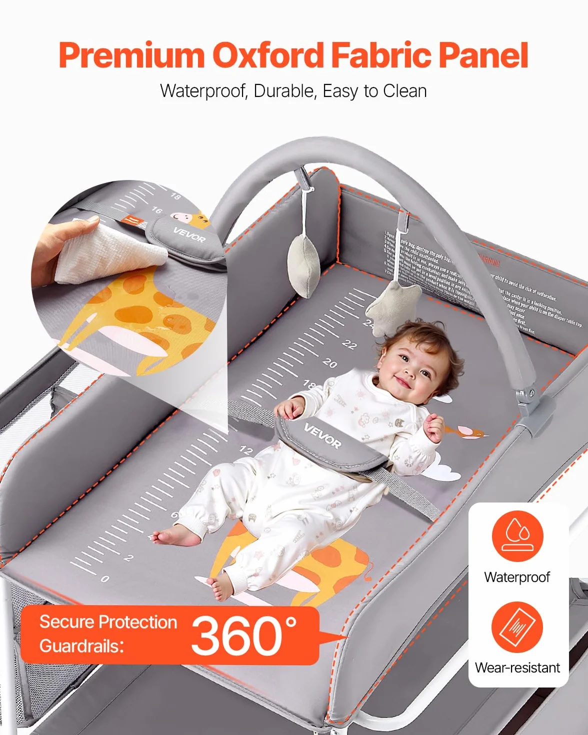 VEVOR Table à langer bébé pliable 2 tiroirs en tissu hauteur réglable roulettes verrouillables