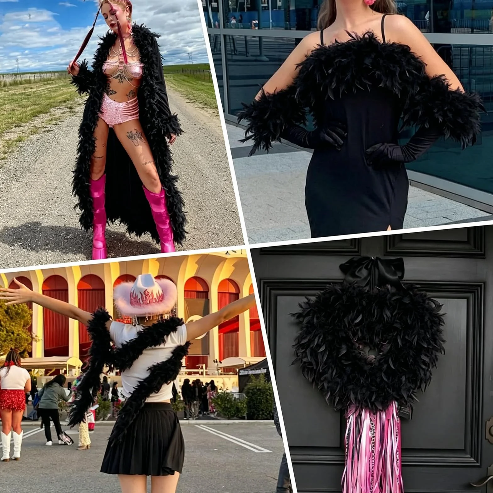 Boa en Plumes de Dinde Naturelles Noir 2m, Écharpe Accessoire Costume Halloween