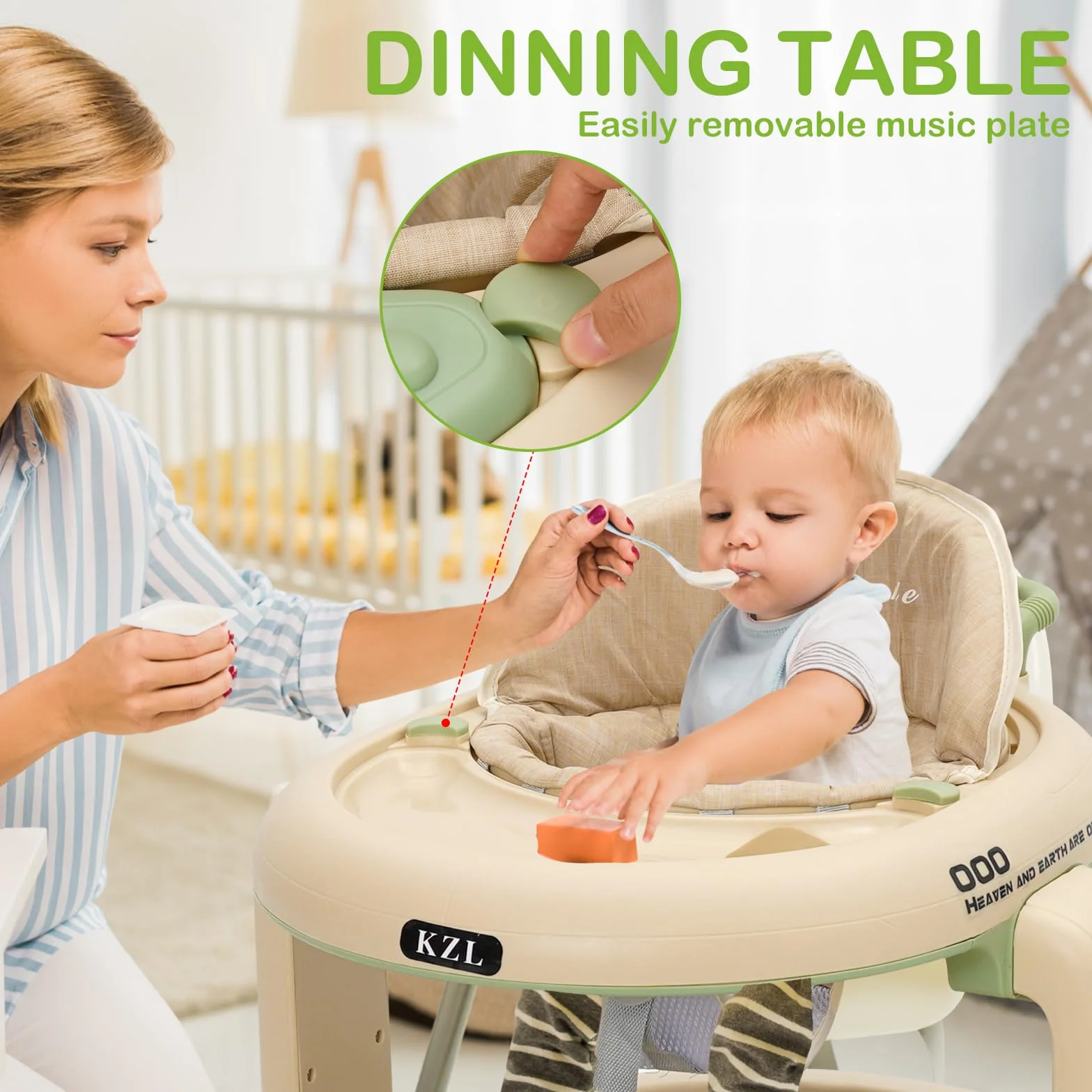 Trotteur Bébé 3 en 1 Babywalker avec 6 Hauteurs Réglables, Roues Silencieuses 360°, Plateau Repas et Musical Amovible, Vert