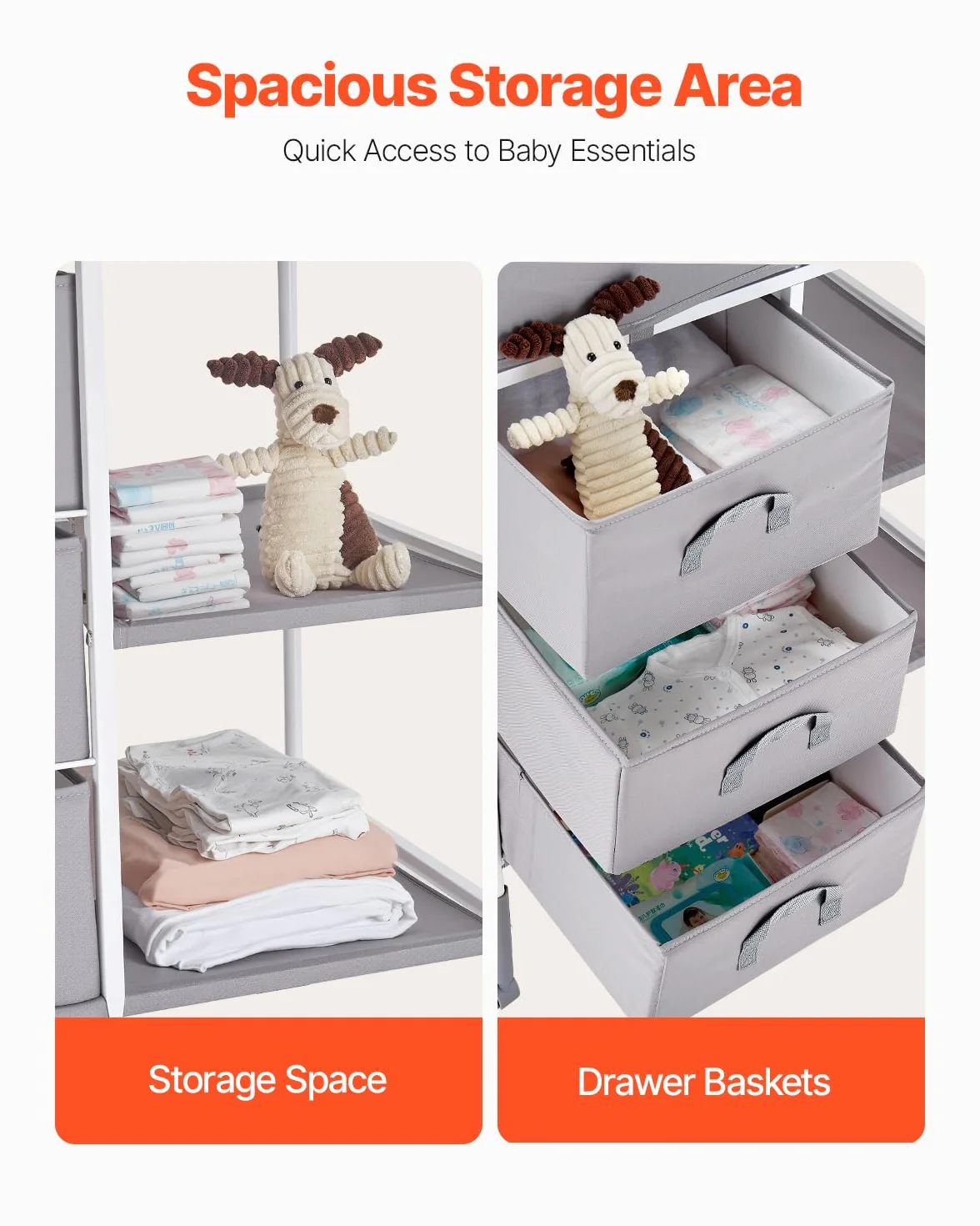 VEVOR Table à Langer Portable avec 3 Tiroirs en Tissu et Roulettes Verrouillables, Meuble pour Bébés Multifonctionnel, Hauteur Réglable, Gris
