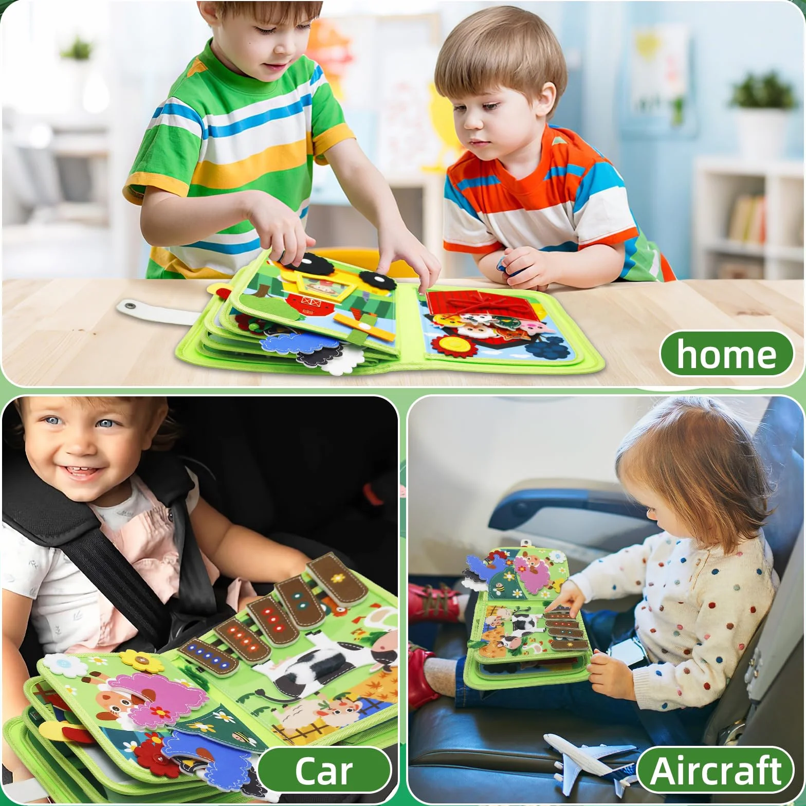 Busy Board 1 an Livre d'activités en feutre DIY Jouet éducatif préscolaire vert