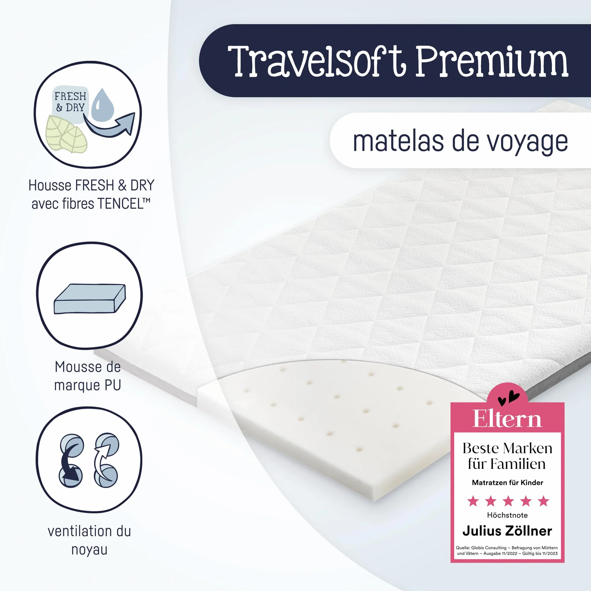 Julius Zöllner Matelas pour lit de voyage Travelsoft Premium 60/120 cm OEKO-TEX Standard 100