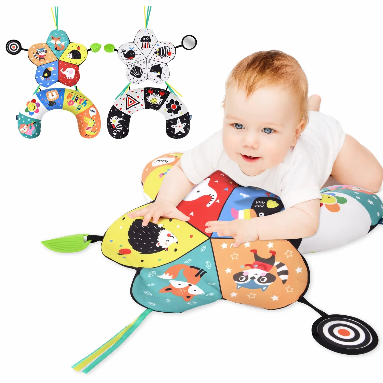 Oreiller pour le Temps du Ventre de Bébé Noir et Blanc à Contraste Élevé avec Support Amovible et Miroir