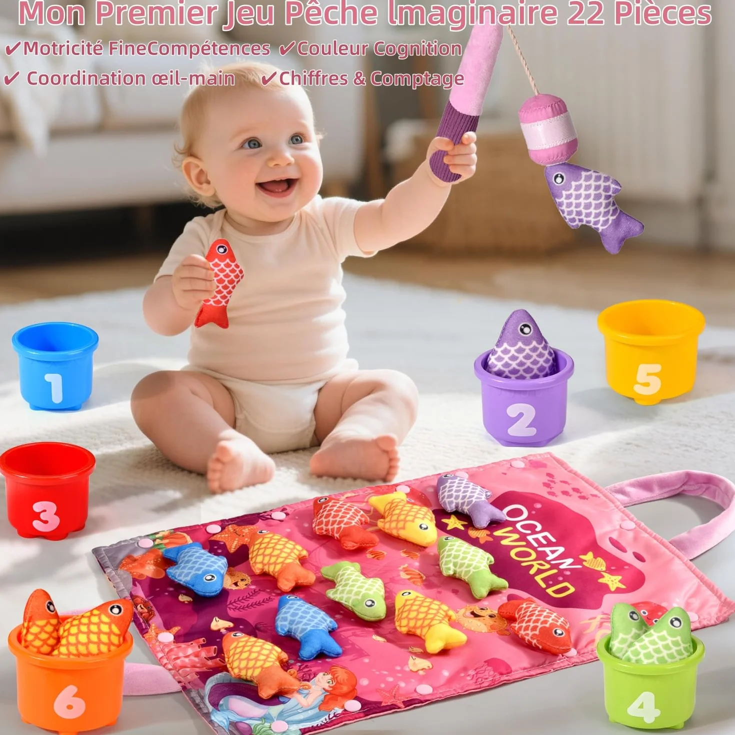Jouet Montessori Pêche à la Ligne pour Enfant 1 2 3 Ans, Apprendre les Couleurs, Cadeau Fille Garçon 6-18 Mois
