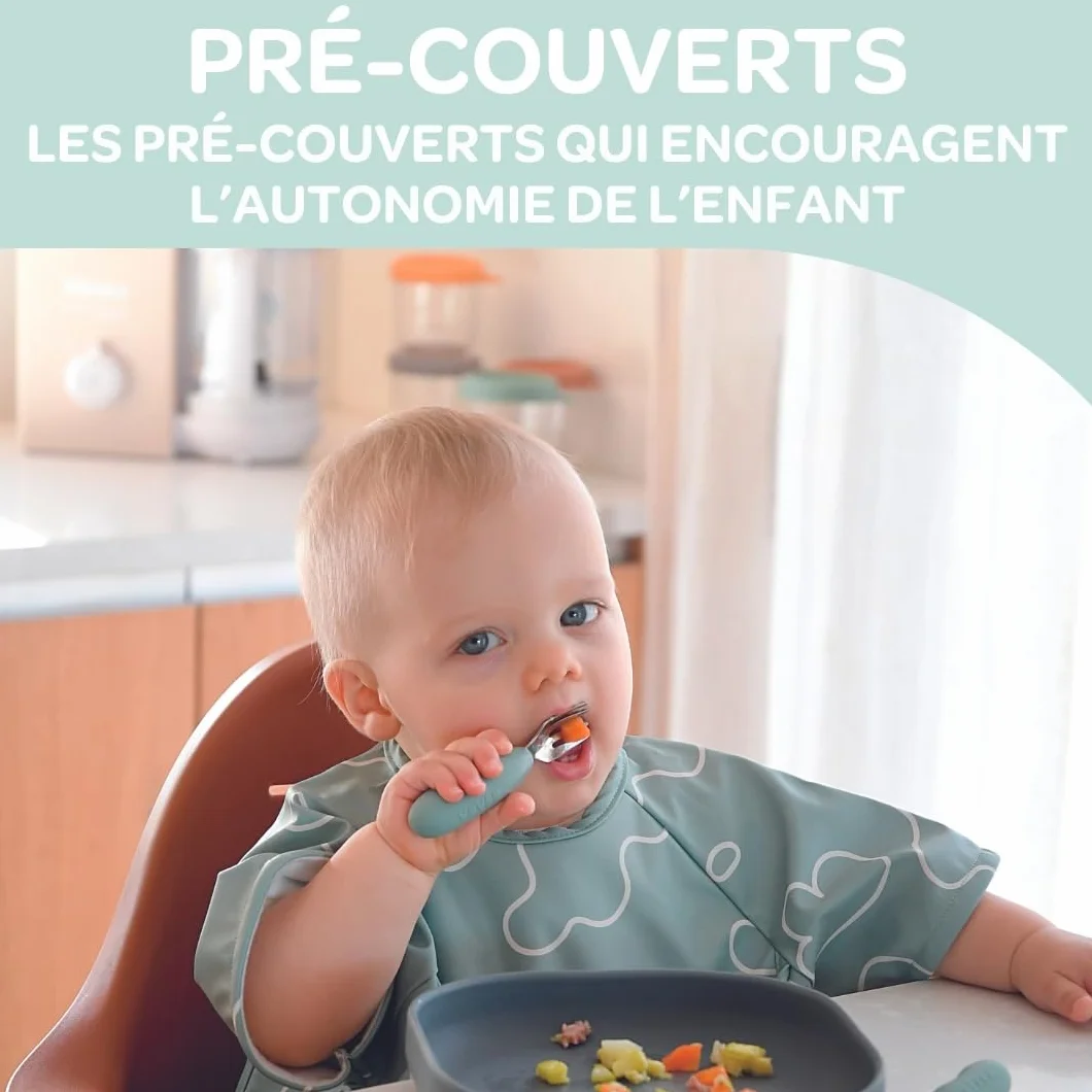 BÉABA Couverts bébé acier inoxydable silicone lot de 2 ergonomique apprentissage vert sauge