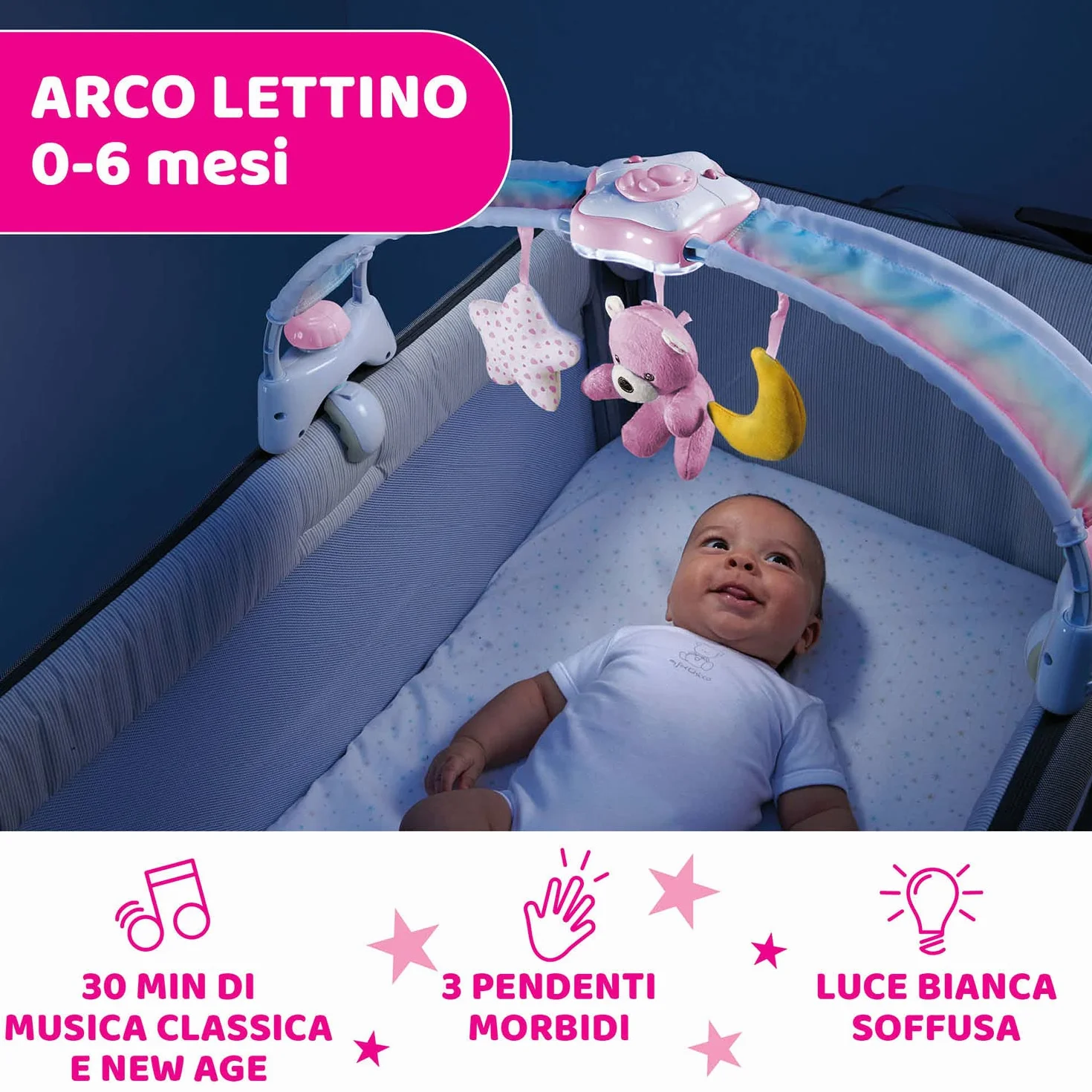 Chicco Arche Arc en Ciel Jeu de Développement 2 en 1 Compatible Lit Next2Me Panneau Berceau Veilleuse Musique Pendentifs Jouet Bébé 0+ Mois Rose