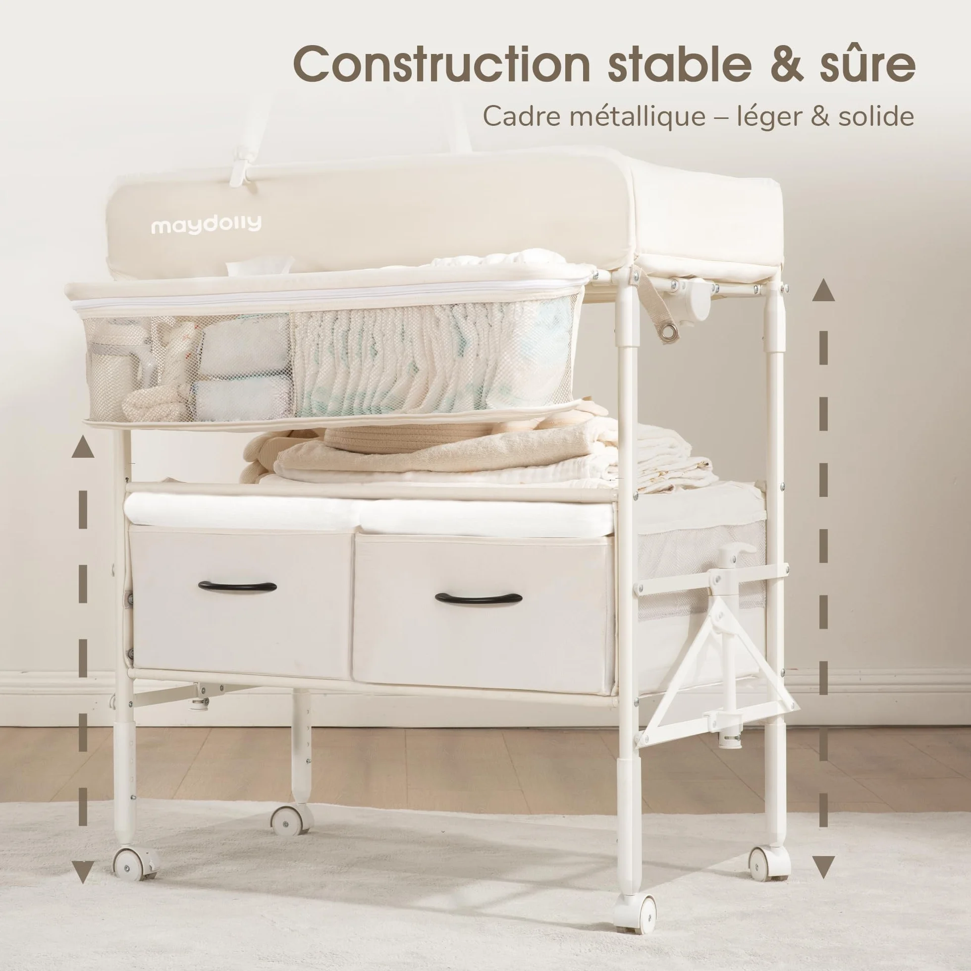Maydolly Table à Langer Bébé Pliante Roulettes Hauteur Réglable Plan Mobile Matelas Imperméable Rangement Beige