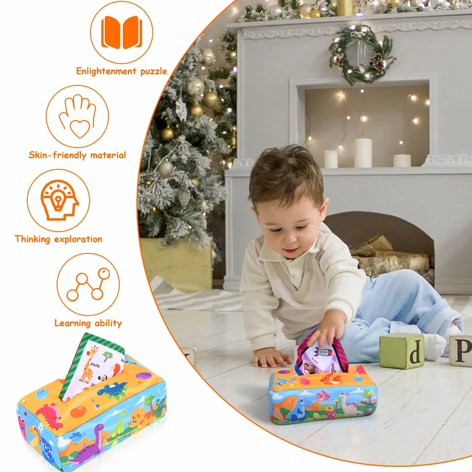 Vicloon Livre Tissu Bébé Boîte à Mouchoirs Jouet Sensoriel Montessori 6-18 Mois