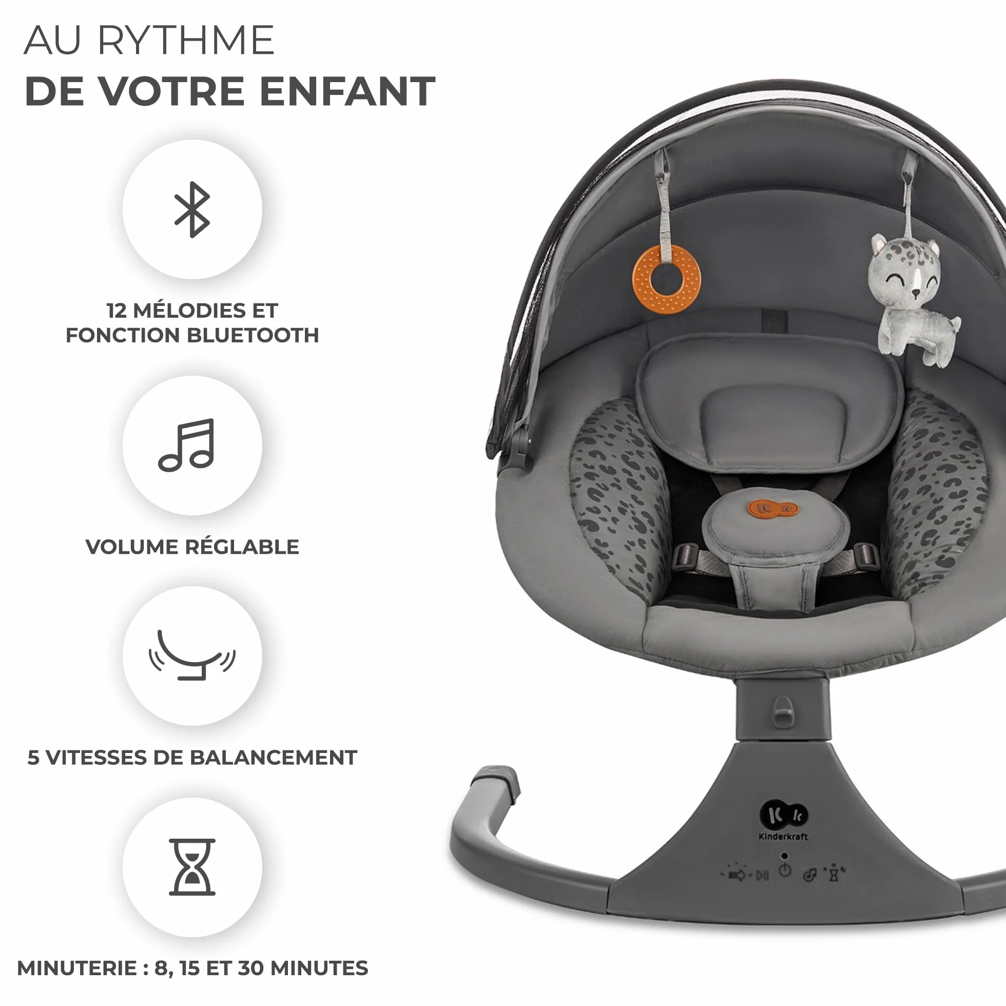 Kinderkraft LUMI 2 Transat bébé Balancelle électrique Naissance à 9 Mois Réglable hauteur 5 modes balancement 12 mélodies Arche jouets Gris foncé