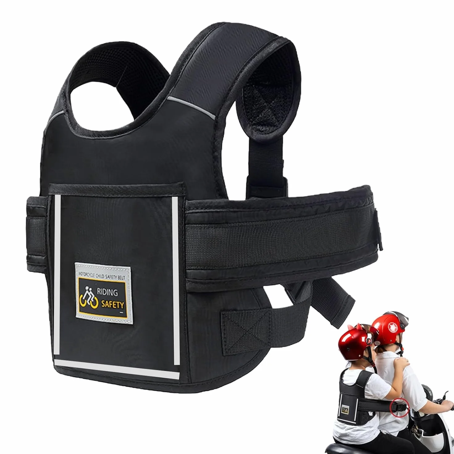 Ceinture de Sécurité Moto Enfant Réglable Harnais avec Bandes Réfléchissantes pour Voiture Électrique Bébé 2-12 Ans