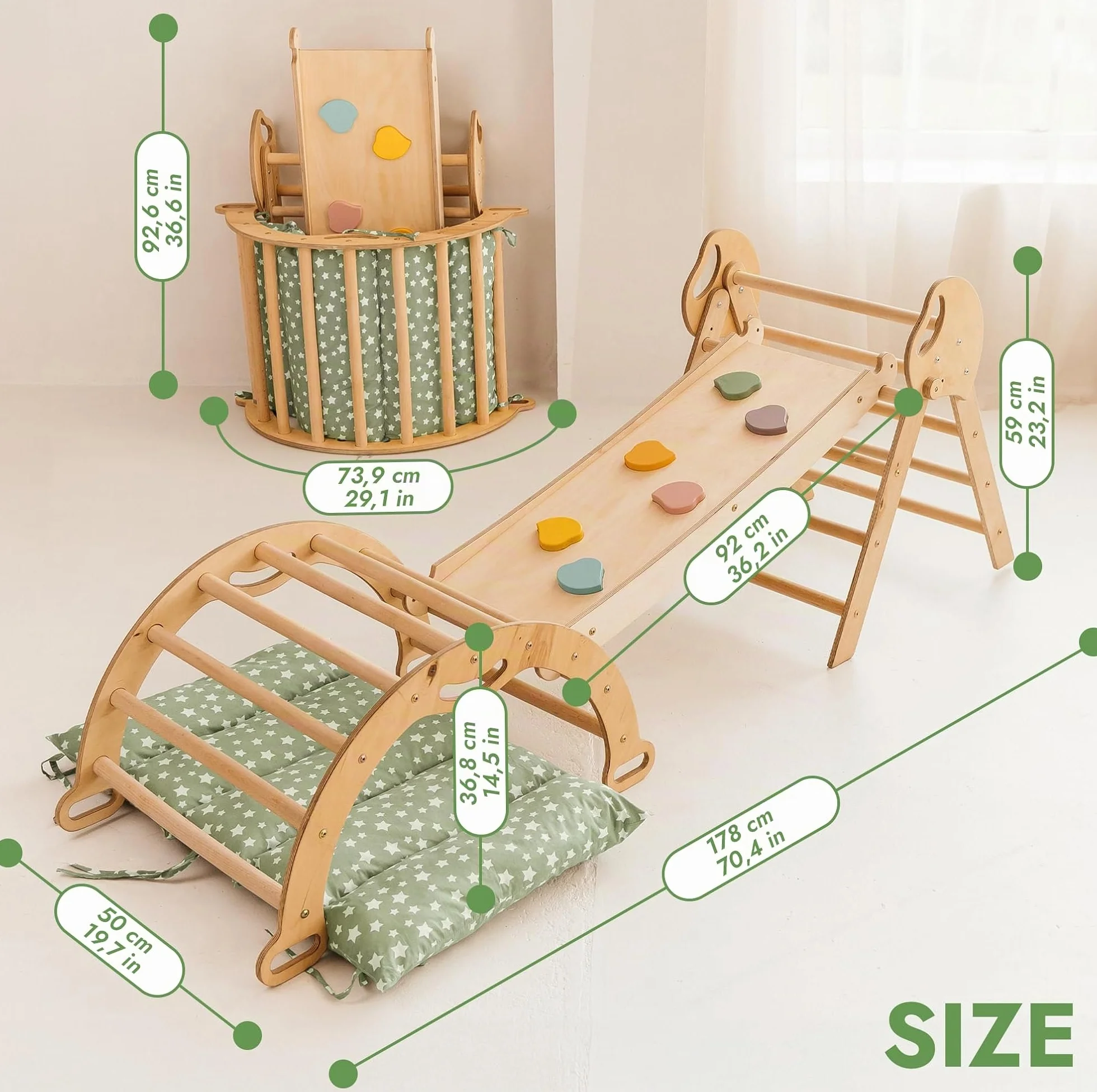 Goodevas Montessori Kit d'escalade 5 en 1 triangle d'escalade d'intérieur arche avec coussins toboggan pour enfants aire de jeux 1-3 ans