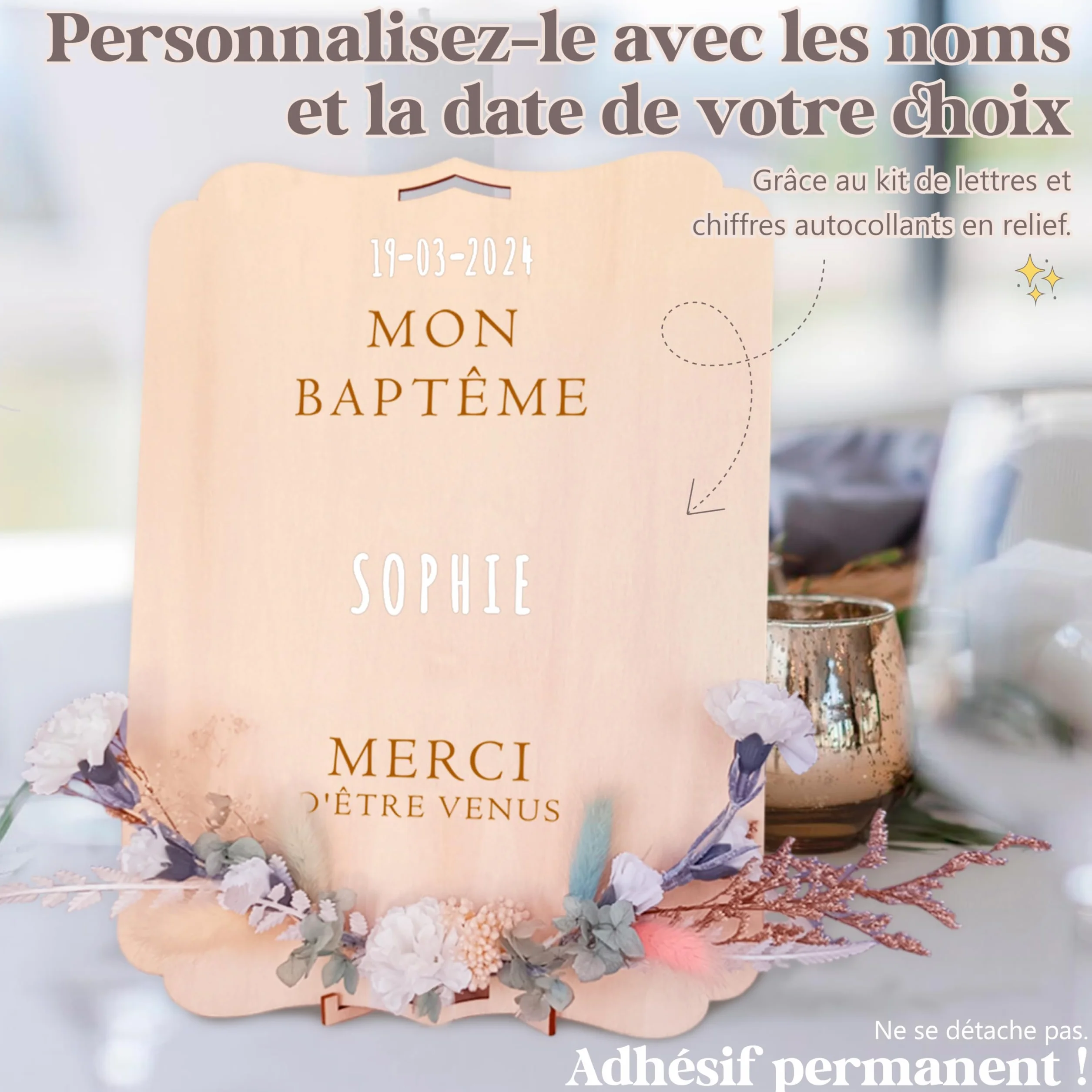 Panneau Personnalisé en Bois 30x22 cm Baptême Décoration avec Lettres Autocollantes et Support