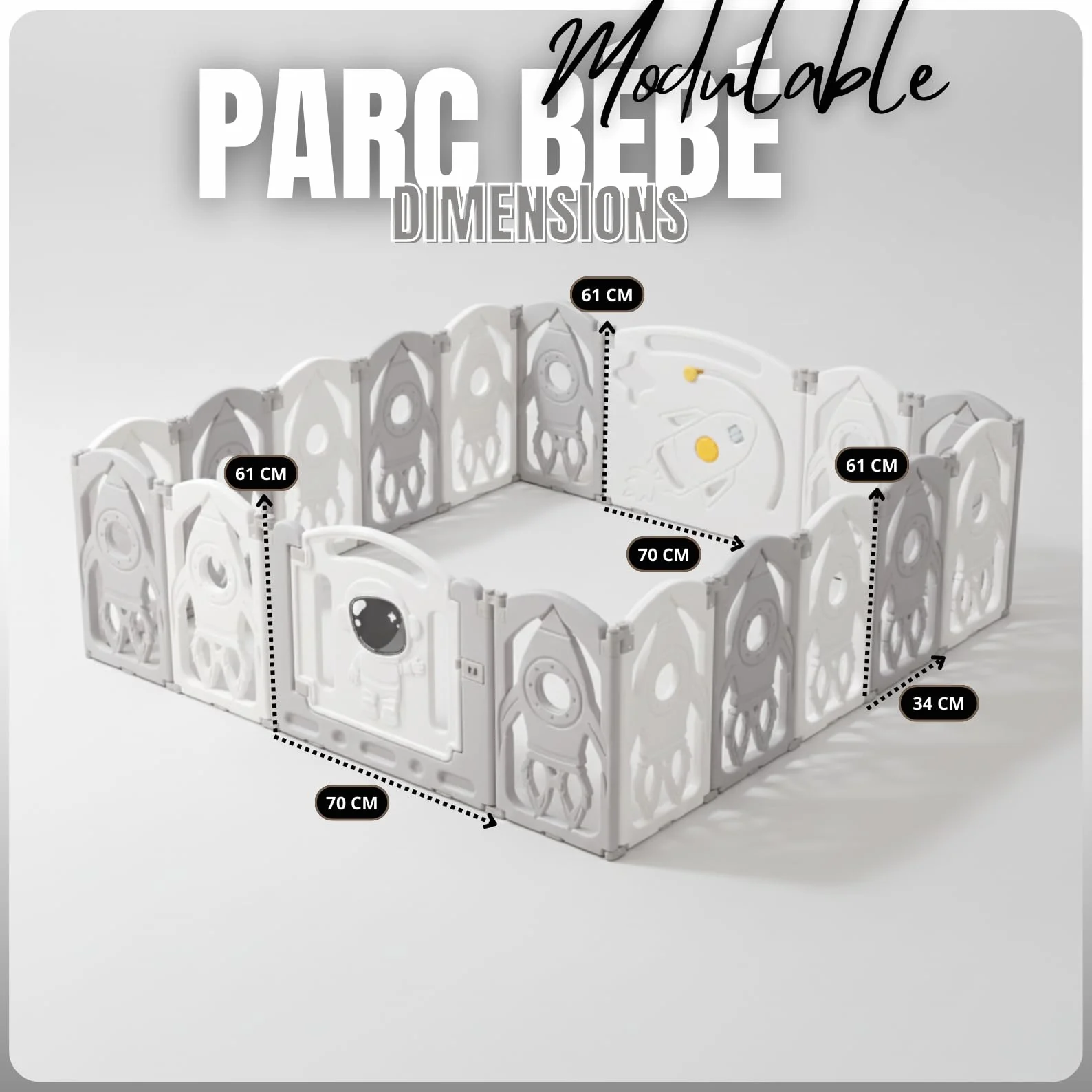 Parc Bébé Modulable 145x145 CM Gris et Blanc – Aire de Jeu Sécurisée pour Enfant