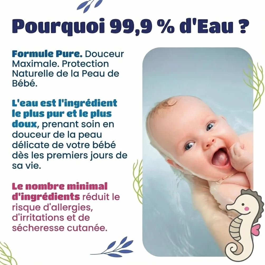Kindii Water Care Lingettes Humides Bébé 60 unités 100% Viscose 99,9% Eau 150 × 200 mm non parfumées Peaux Sensibles