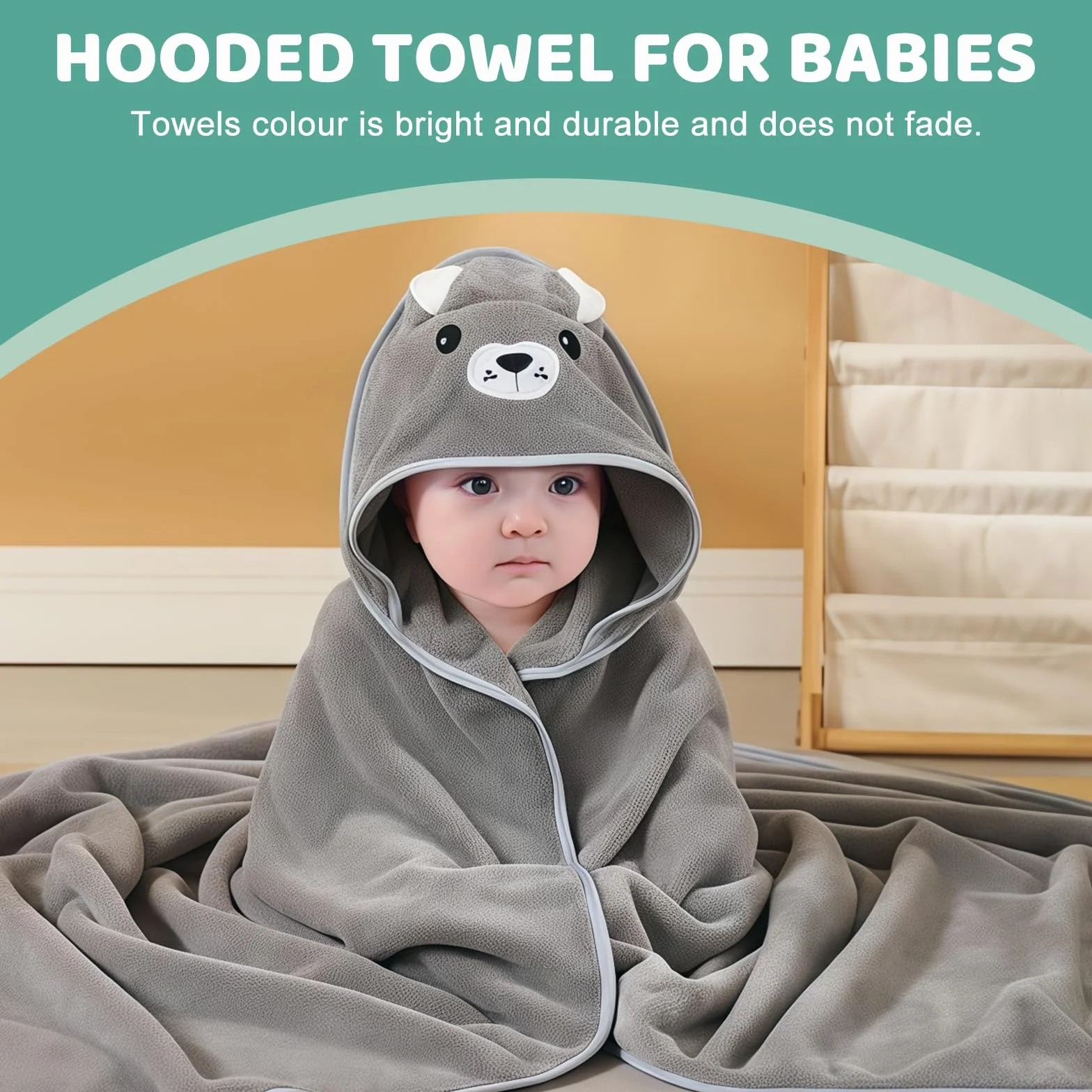 Serviettes à capuche pour bébés 80 x 80 cm, lot de 3, douces pour nouveau-nés, cyan, gris foncé, café