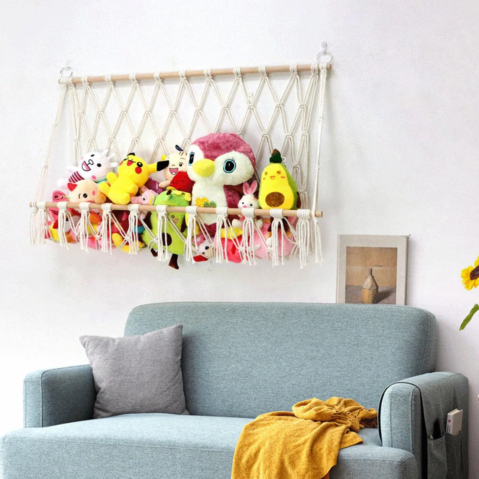 Jouet Hamac pour Animaux en Peluche 100cm Rangement en Maille Boho Macrame Suspendu au Mur