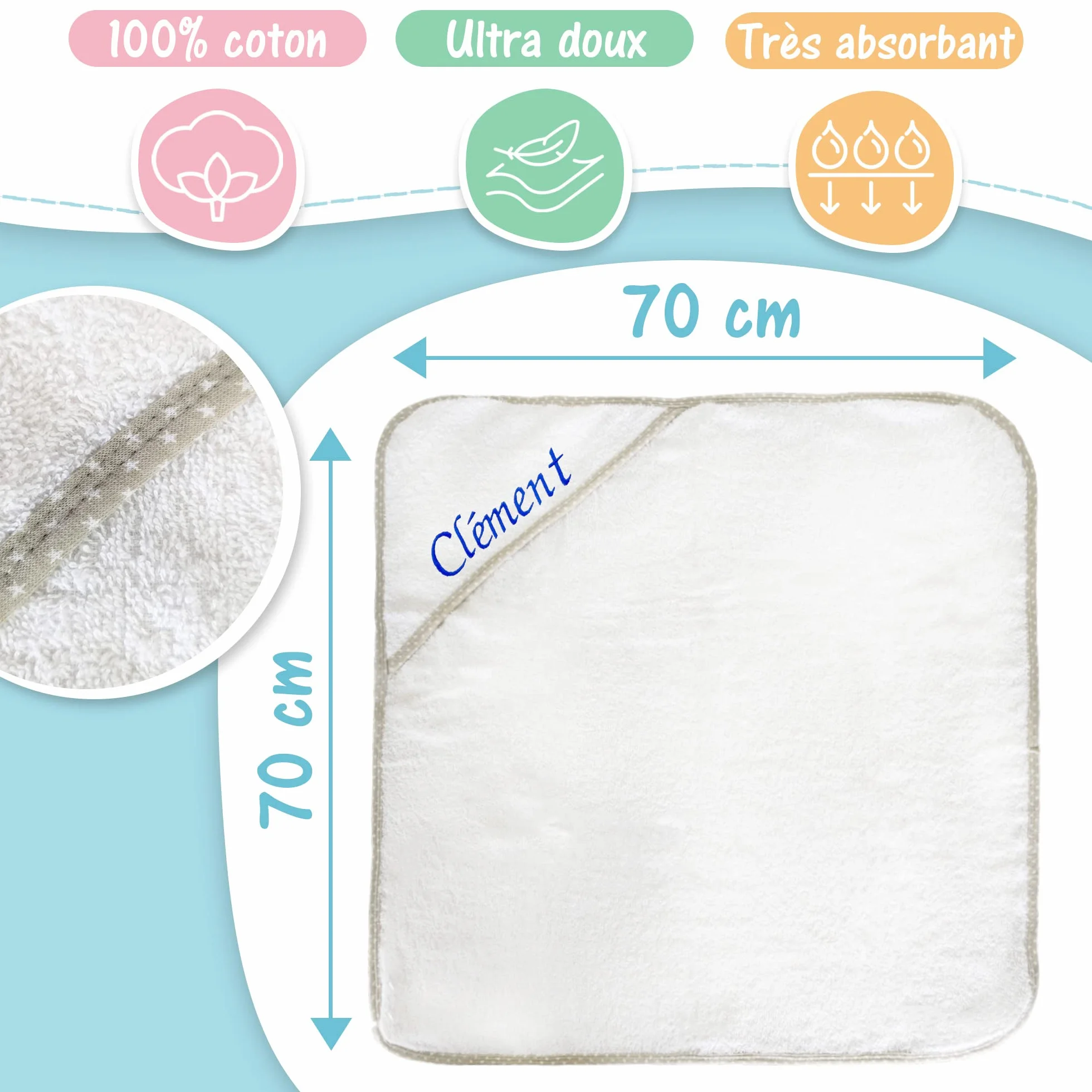 Cape de Bain bébé Personnalisable 100% Coton avec Capuche Brodé Prénom Serviette bébé Doux Absorbant Liseré Beige étoile
