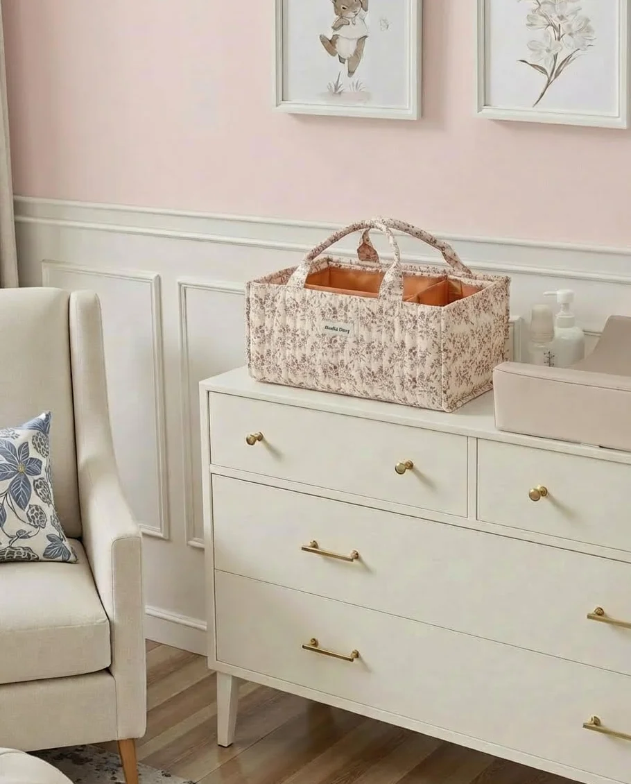 Panier Rangement Bébé Matelassé Motif Floral avec Poignée Compartiments Détachables