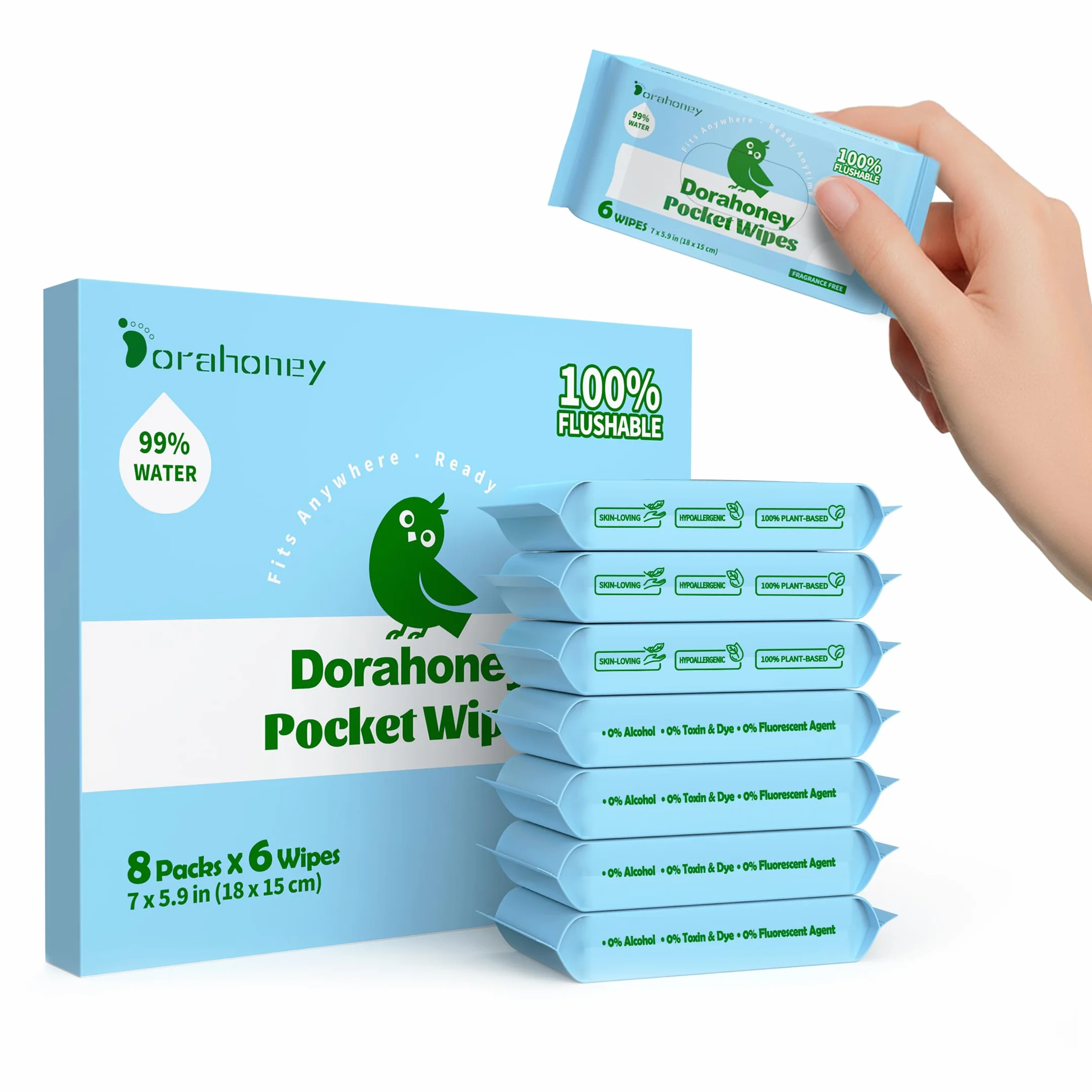 Lingettes Humides Toilette Format Voyage 99% d'Eau Sans Parfum Hypoallergéniques Fibres Végétales Peaux Sensibles Lot de 8 (48 Lingettes)