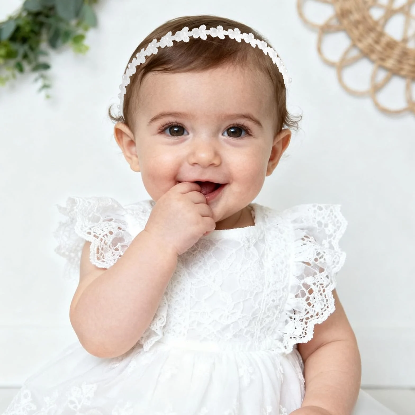 Bandeau Baptême Dentelle Réglable Blanc Perles Fleurs Accessoires Cheveux Filles Bébés