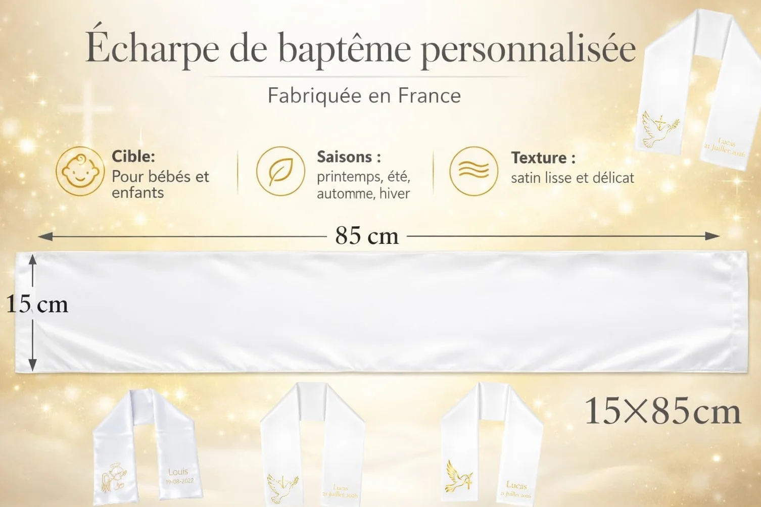 Écharpe de Baptême Satiné Religieuse Personnalisée Fait Mains Bébé Enfant