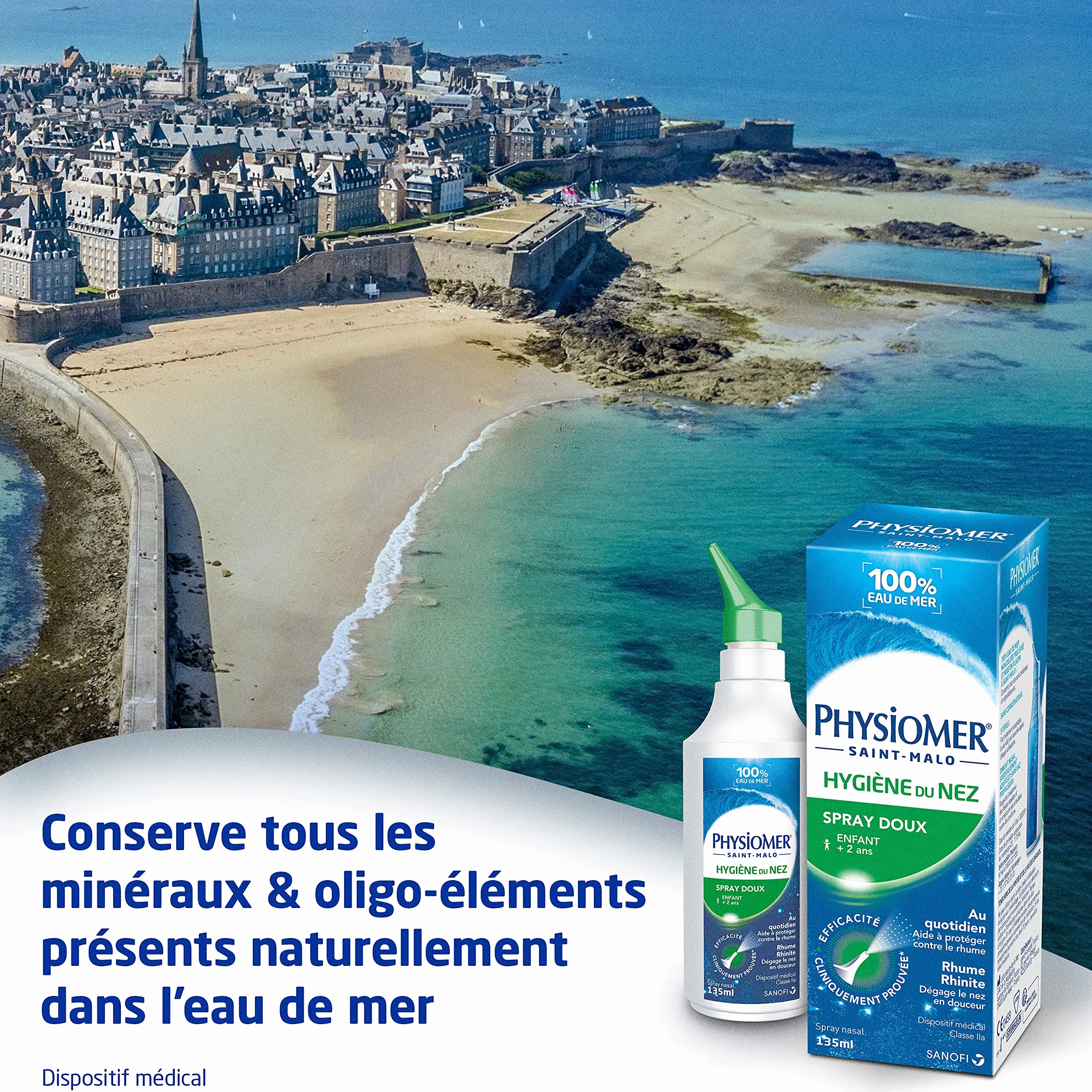 Physiomer Spray Doux Spray nasal 100% Eau de mer Dispositif médical Hygiène du nez Rhume et Rhinite Lot de 2x135ml