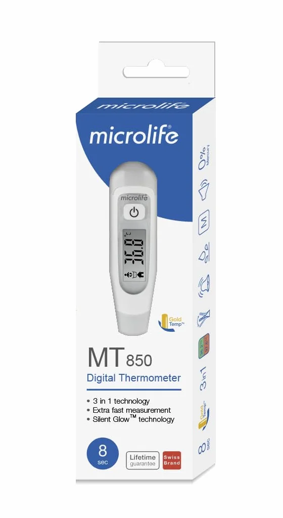 Microlife MT 850 Thermomètre Digital 3 Modes Corps/Bain/Ambiant Ultra-rapide 8 sec Alarme Fièvre Écran Rétro-Éclairé