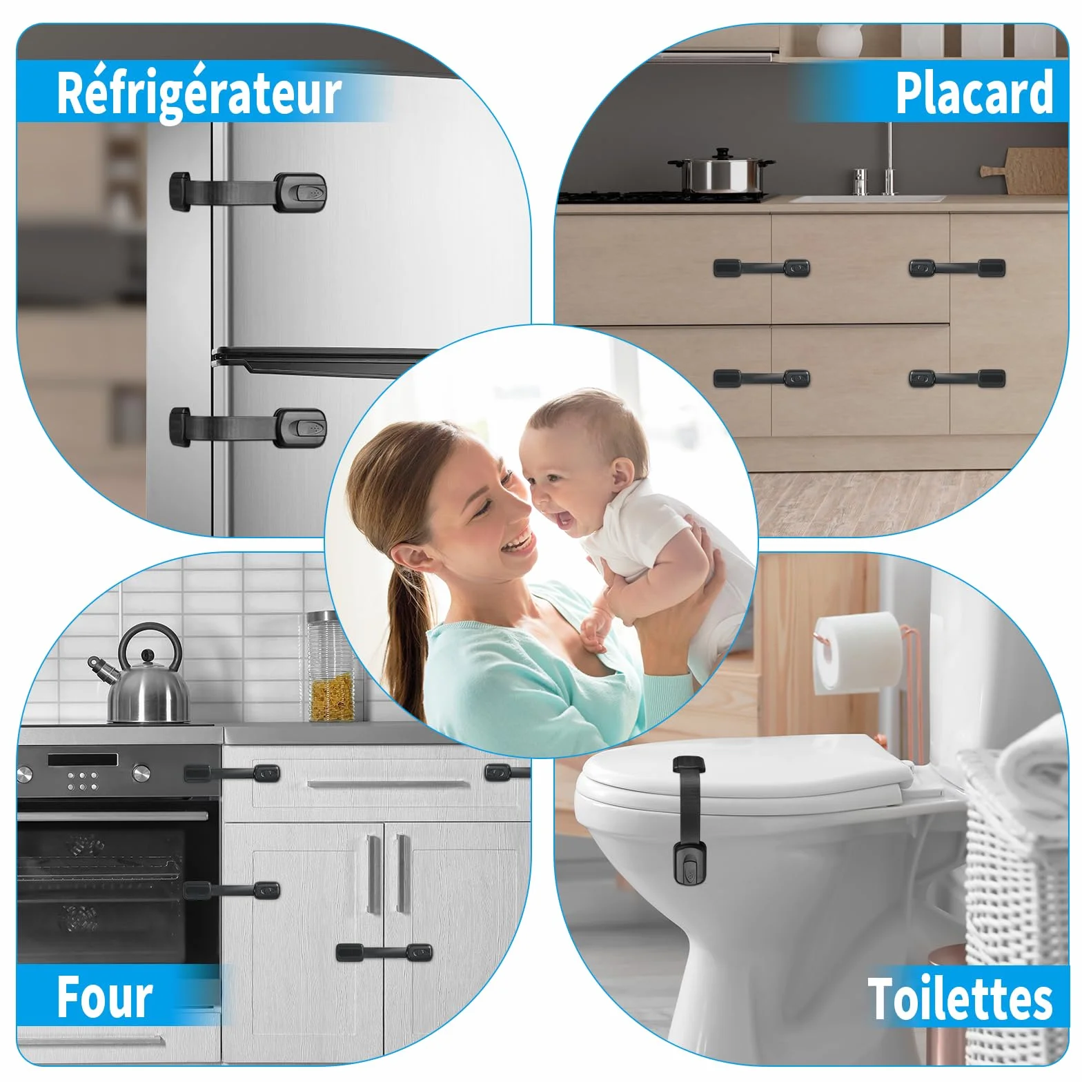 Lot de 8 Serrures de Sécurité pour Placard Enfants avec Adhésif 3M, Bébé Sécurité sans Perçage (Noir)
